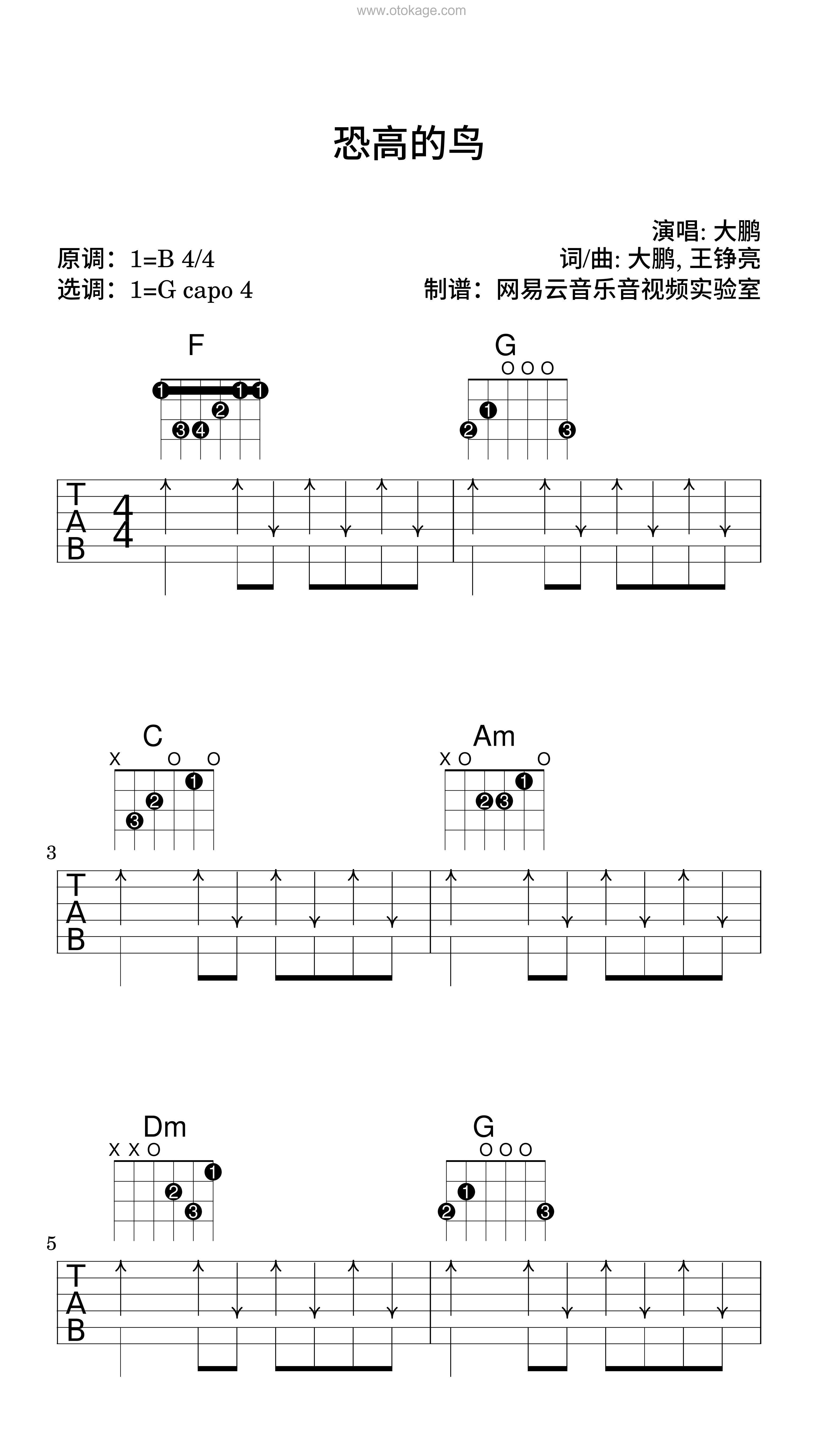 大鹏《恐高的鸟吉他谱》B调_编配别具一格