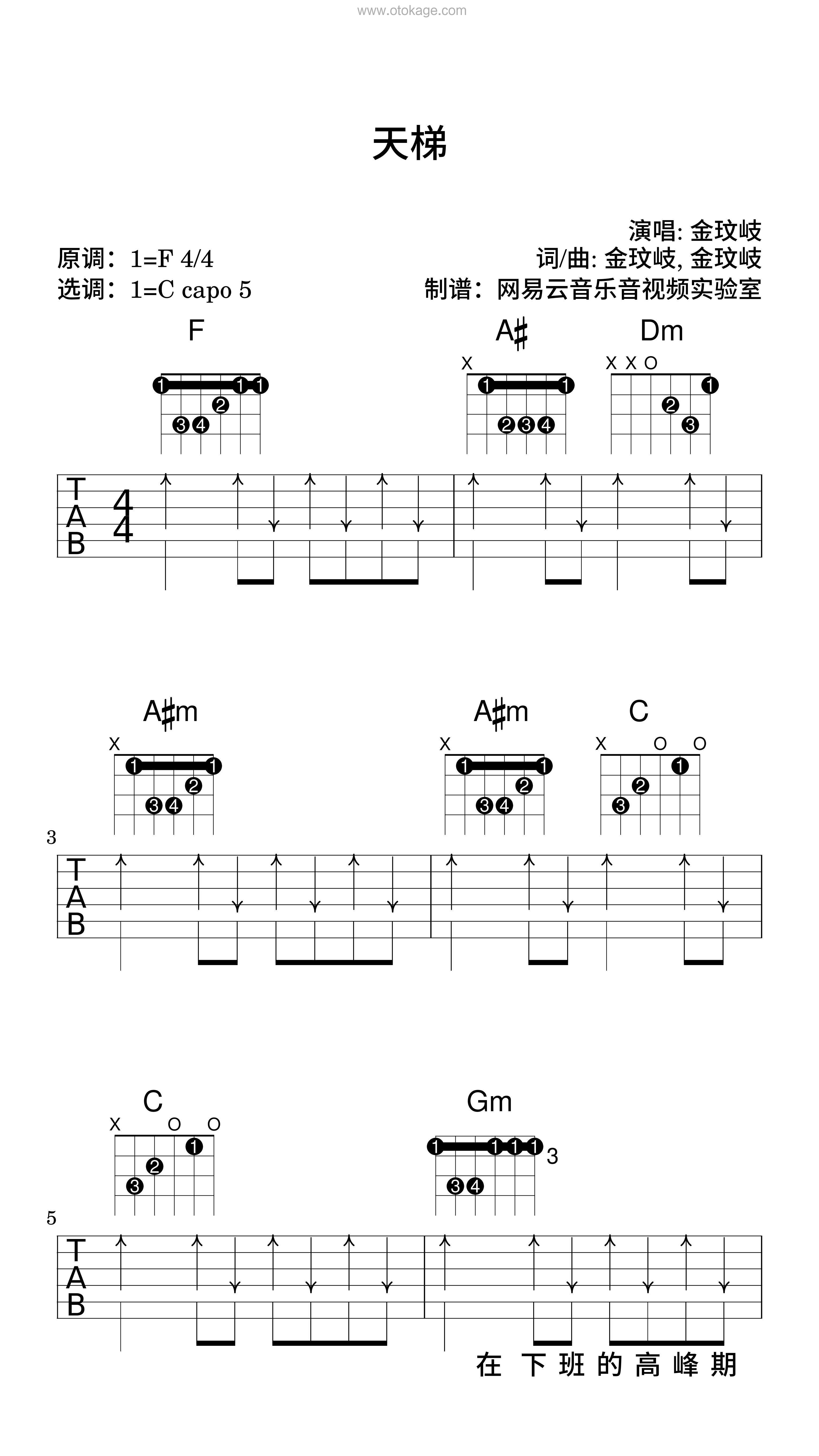 金玟岐《天梯吉他谱》F调_音色温暖动人
