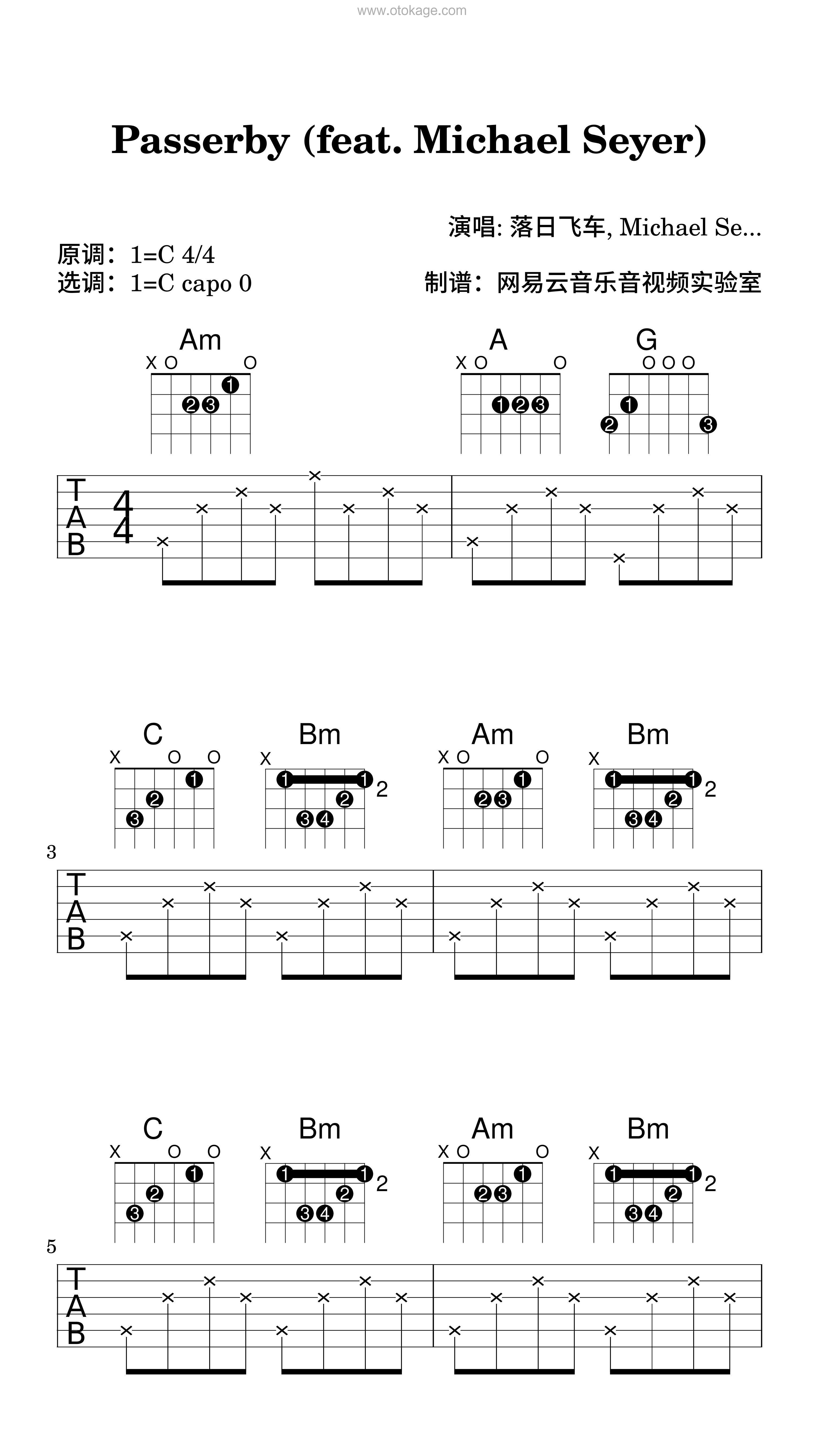 落日飞车,Michael Seyer《Passerby (feat. Michael Seyer)吉他谱》C调_旋律自然流畅