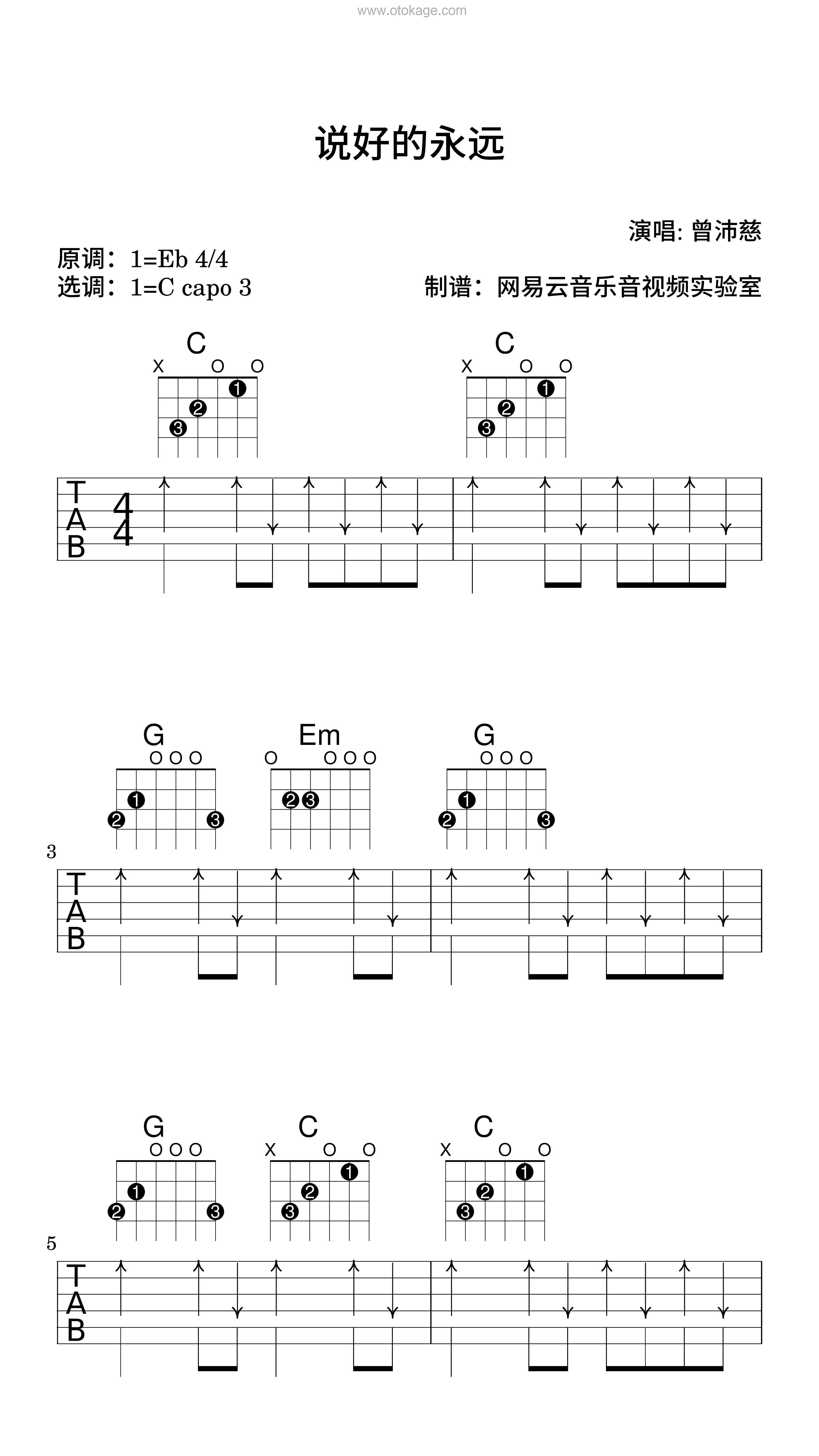 曾沛慈《说好的永远吉他谱》降E调_音符如流水般柔和