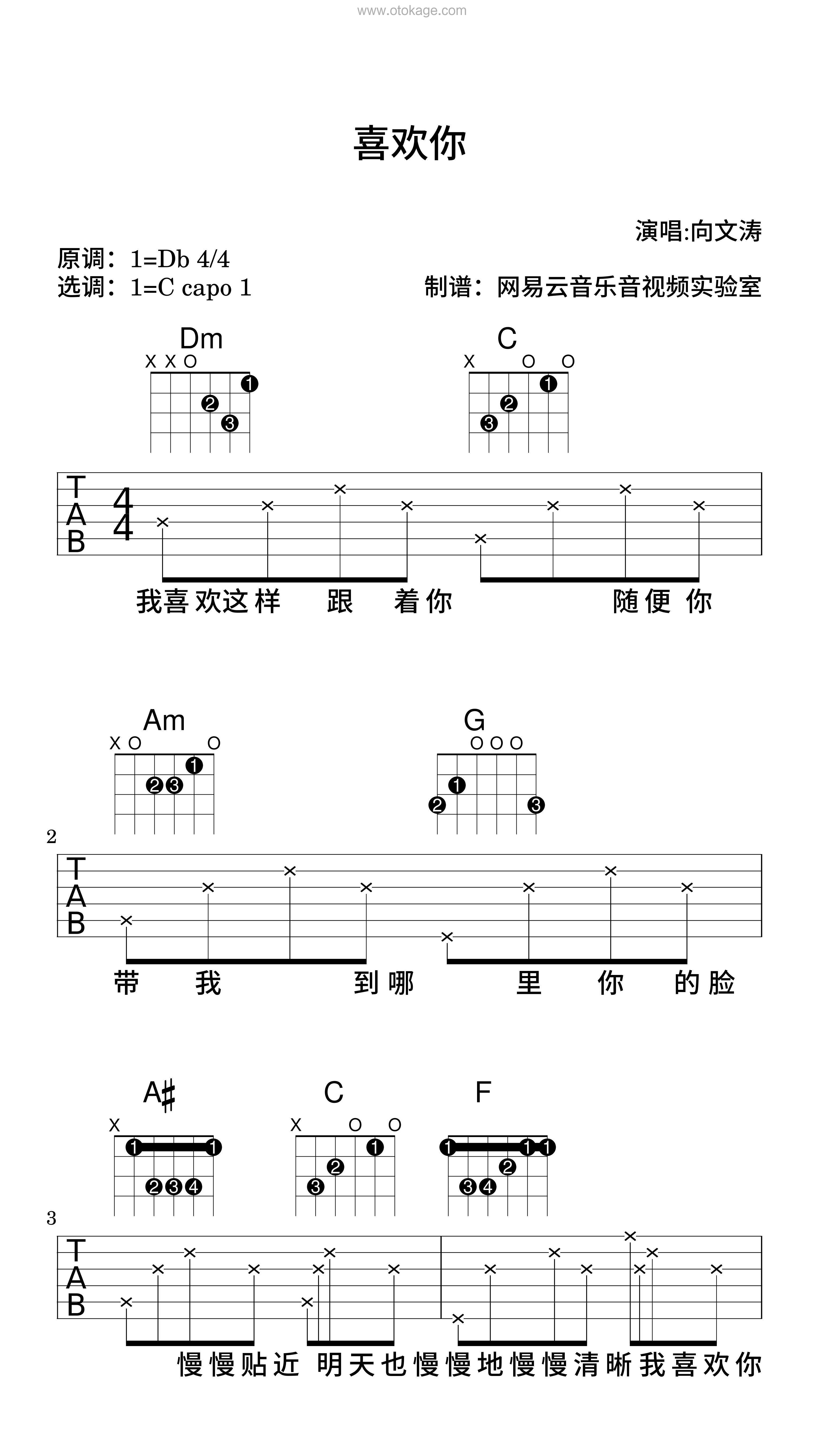 向文涛《喜欢你吉他谱》降D调_编配打动人心