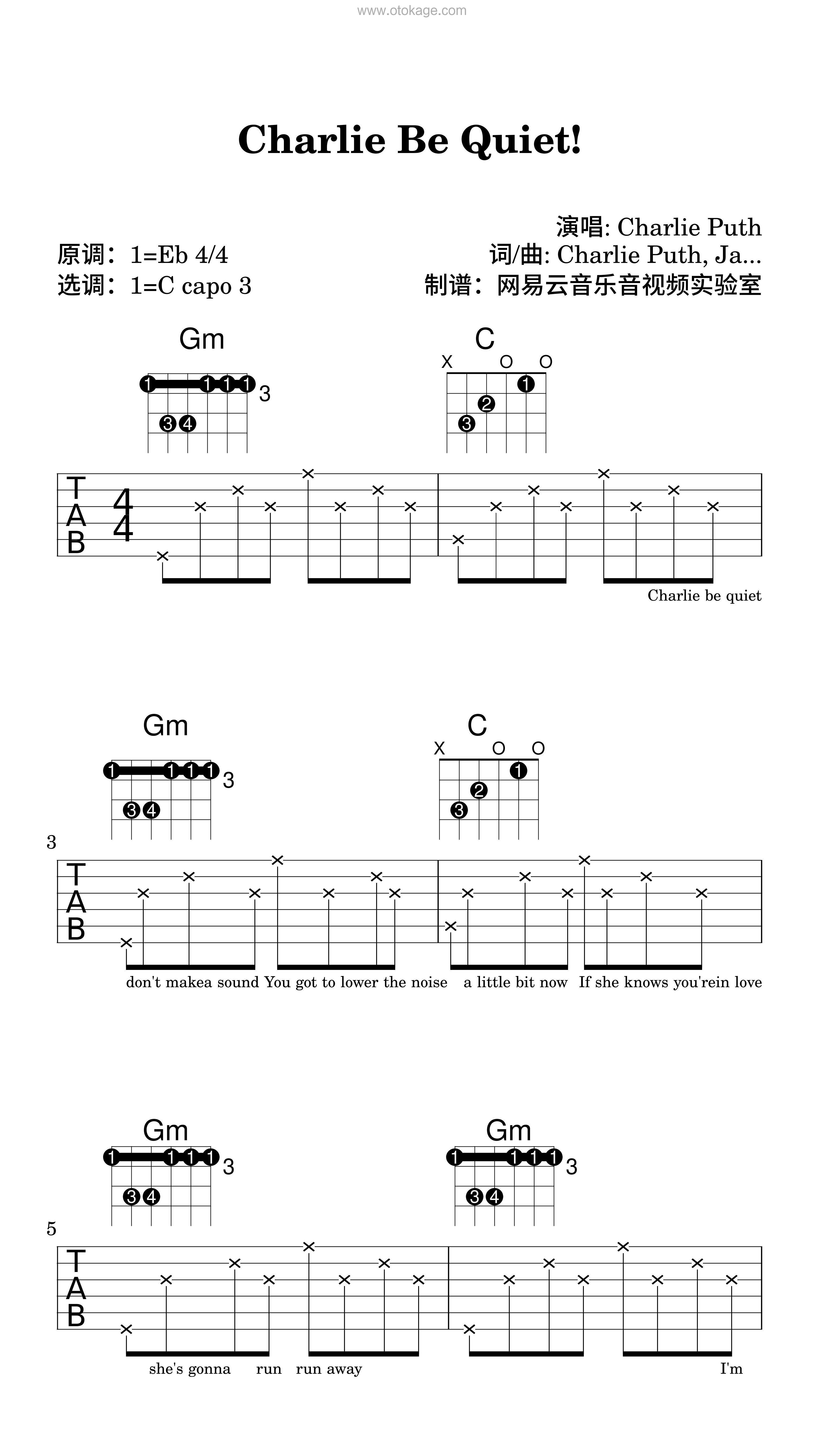 Charlie Puth《Charlie Be Quiet!吉他谱》降E调_编排富有层次感