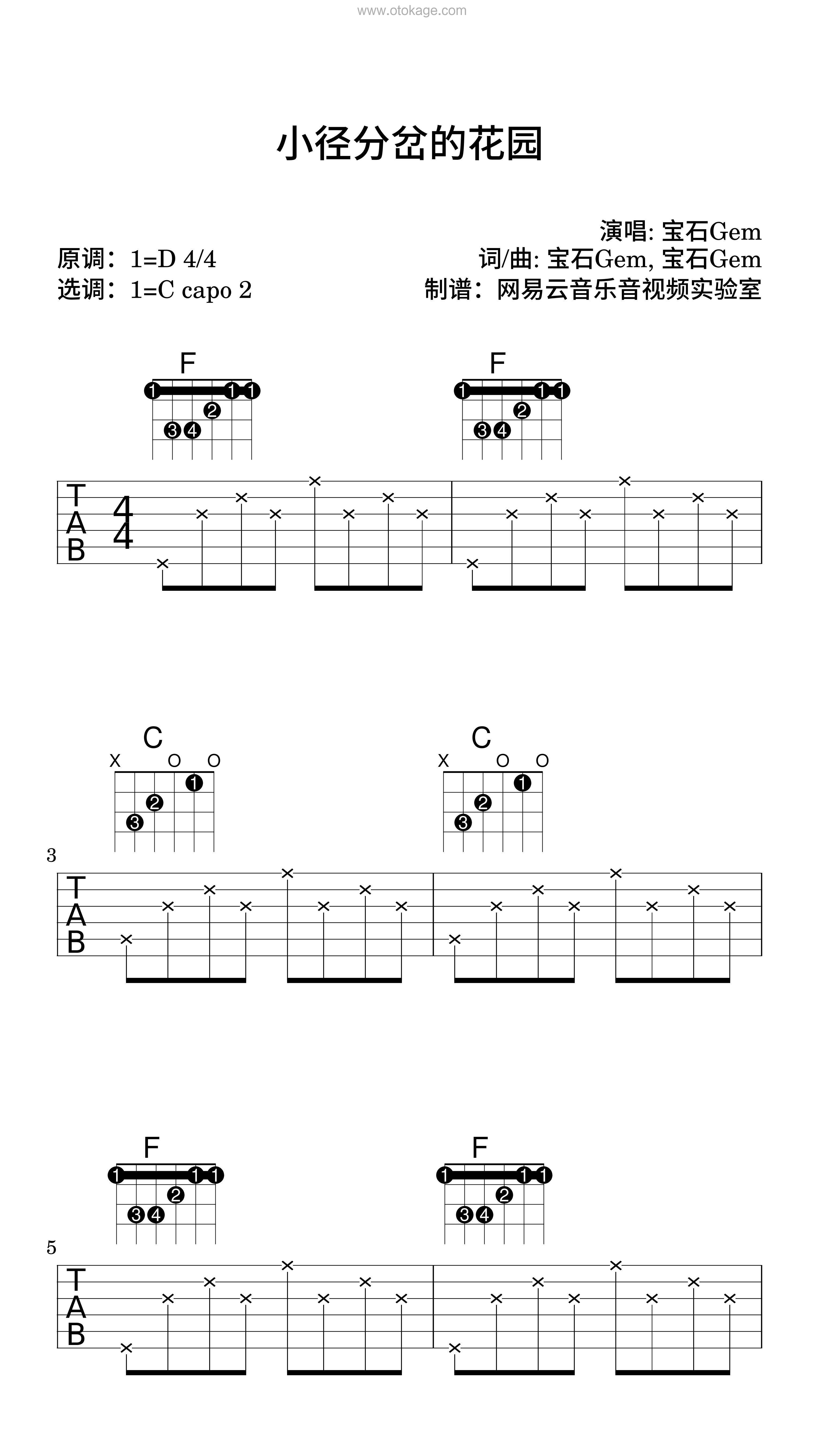 宝石Gem《小径分岔的花园吉他谱》D调_音符与情感共鸣