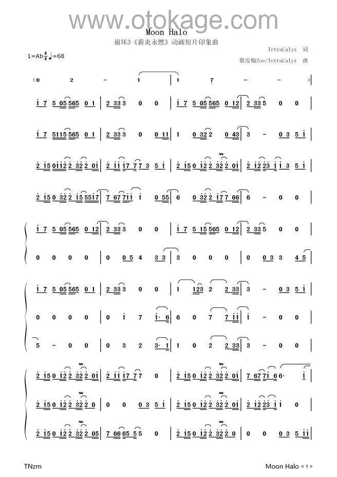 茶理理,TetraCalyx《Moon Halo (伴奏)钢琴谱》降A调_编排富有层次感