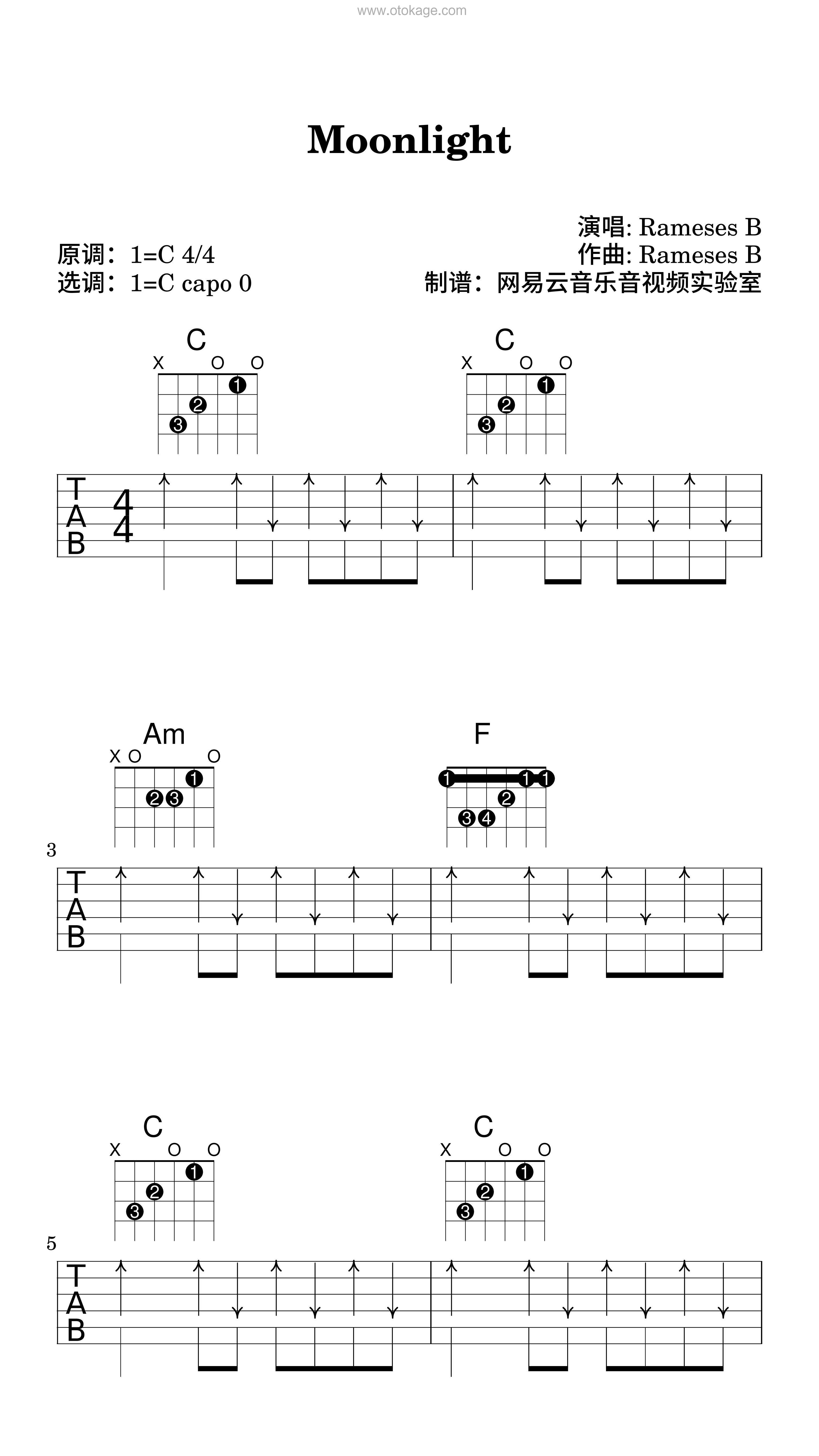 Rameses B《Moonlight吉他谱》C调_旋律优美流畅