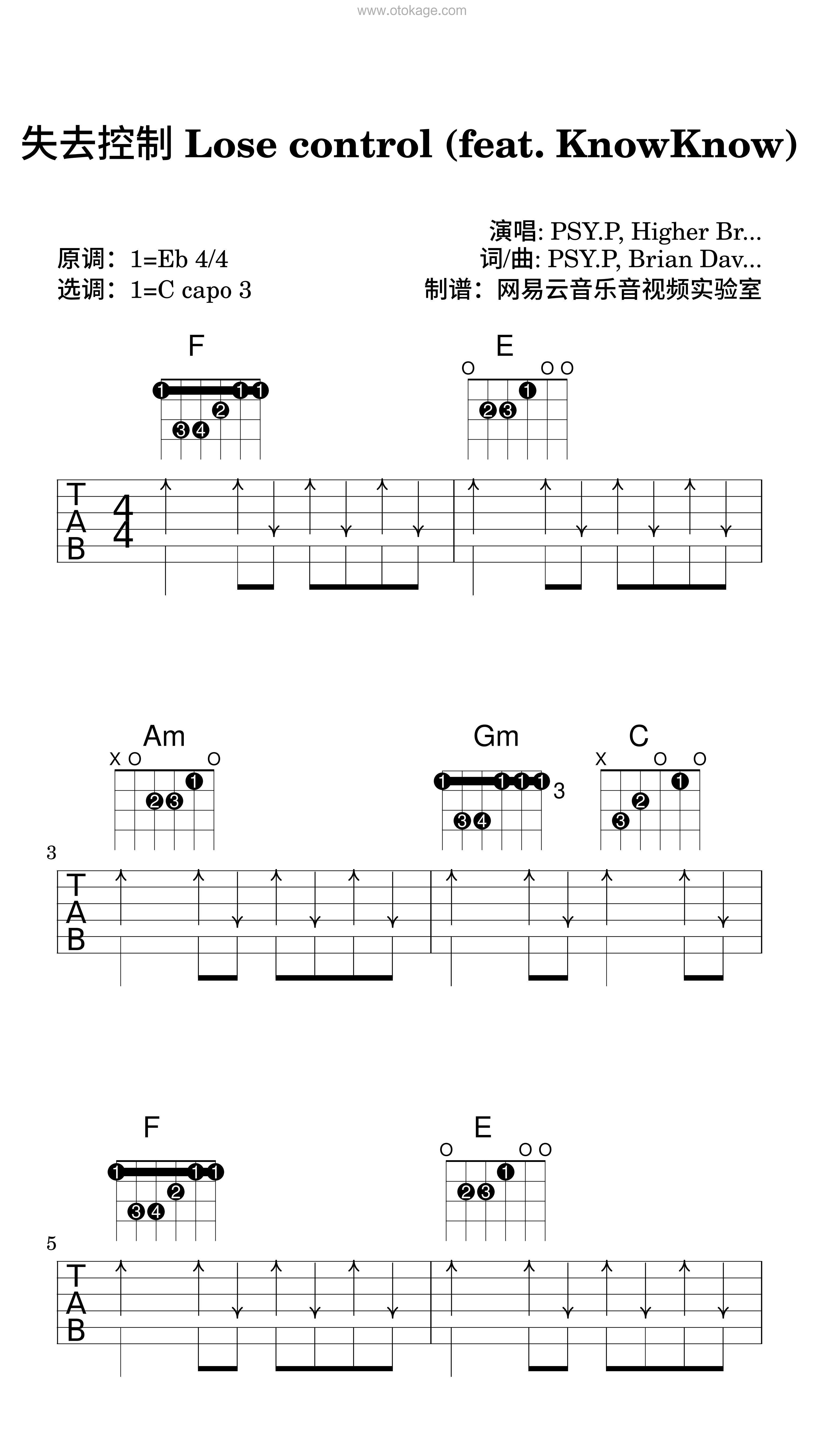 PSY.P,Higher Brothers《失去控制 Lose control (feat. KnowKnow)吉他谱》降E调_让人沉醉其中