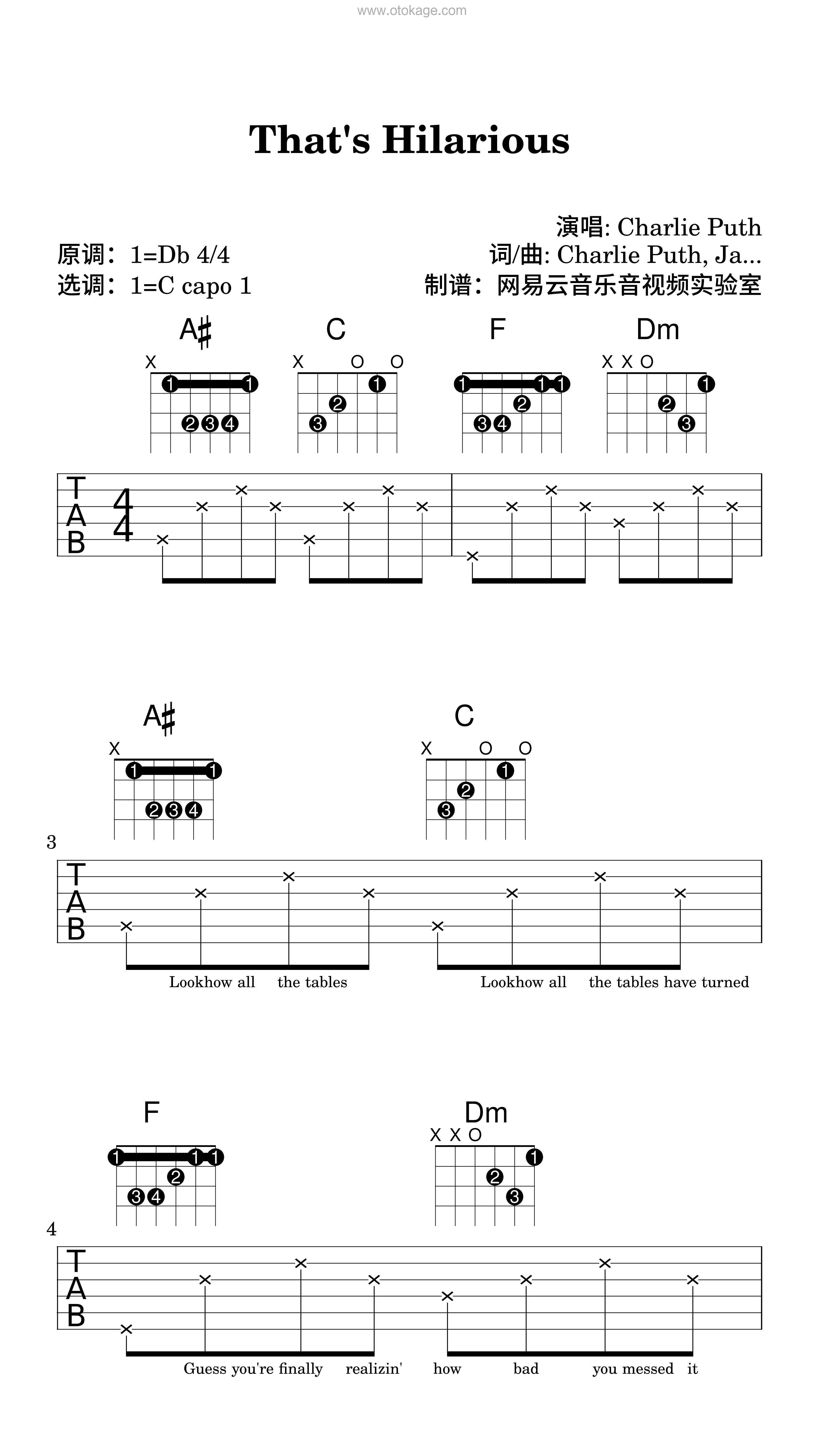 Charlie Puth《That's Hilarious吉他谱》降D调_旋律流畅自然