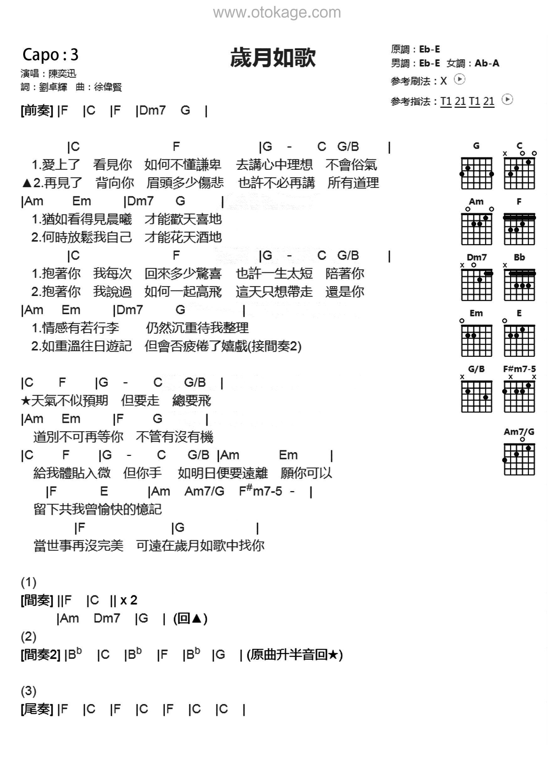 陈奕迅《岁月如歌吉他谱》降E调_音符婉转动人