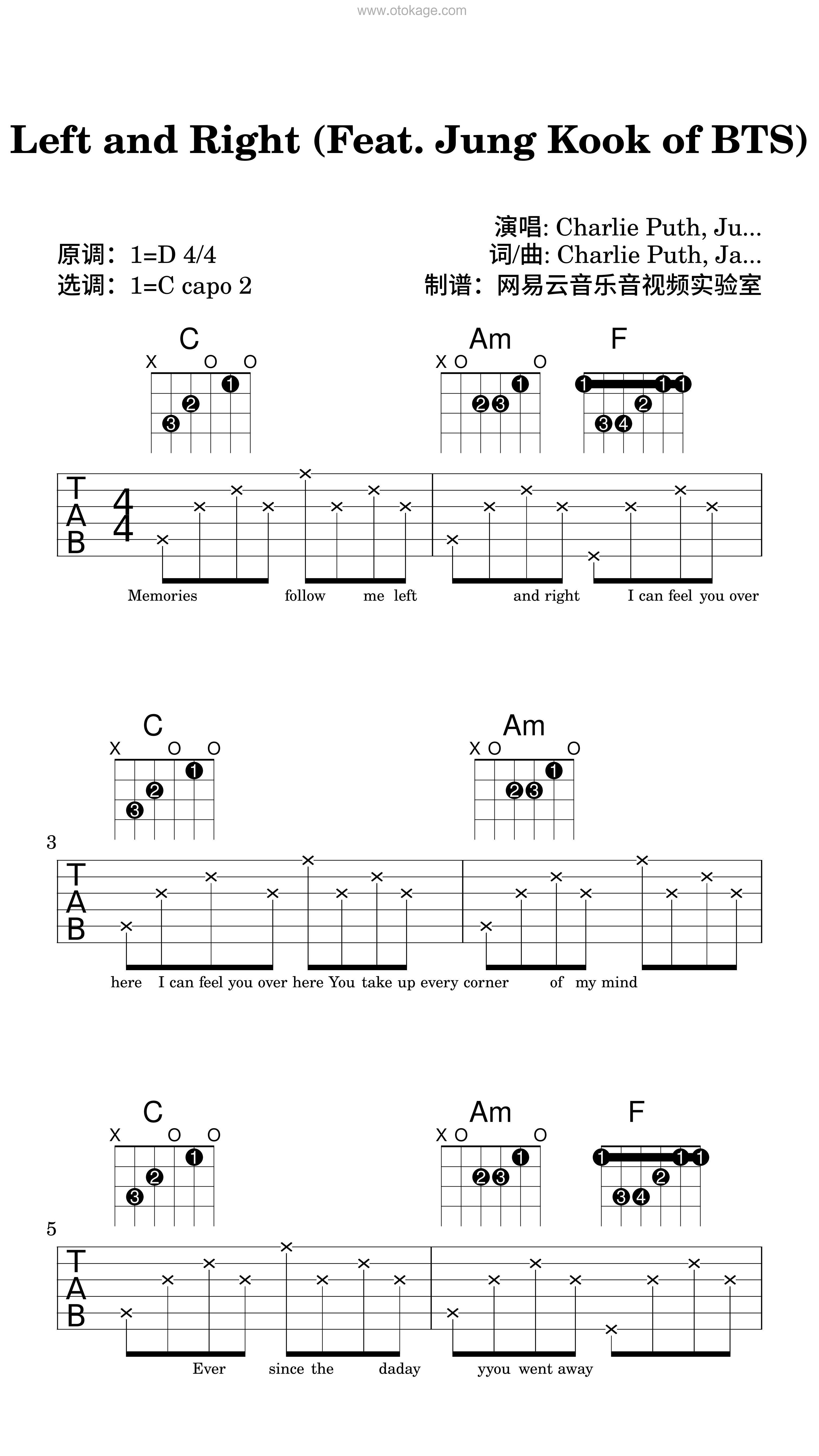 Charlie Puth,Jung Kook《Left and Right (Feat. Jung Kook of BTS)吉他谱》D调_编配充满想象力