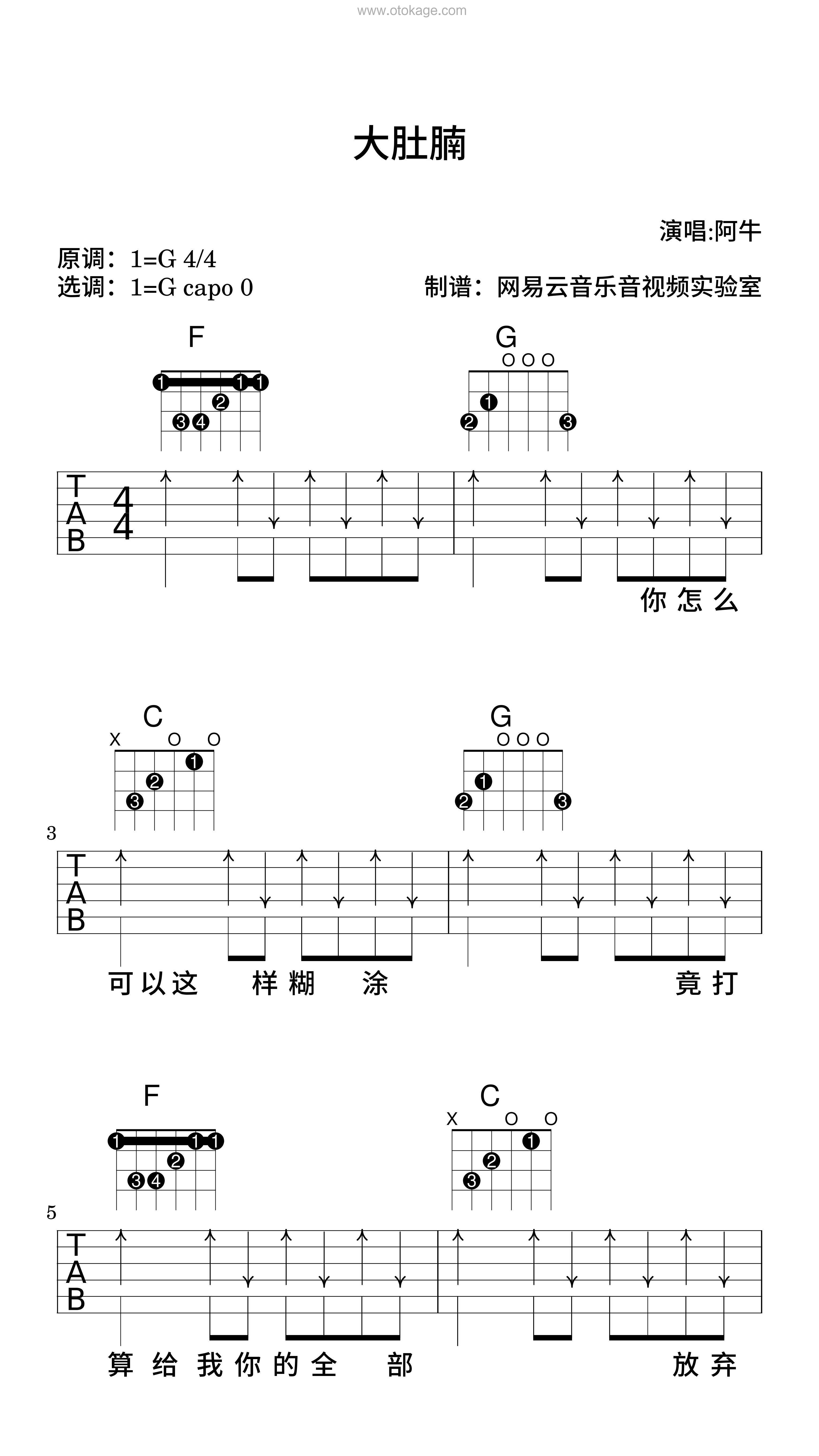 阿牛《大肚腩吉他谱》G调_音色柔和迷人