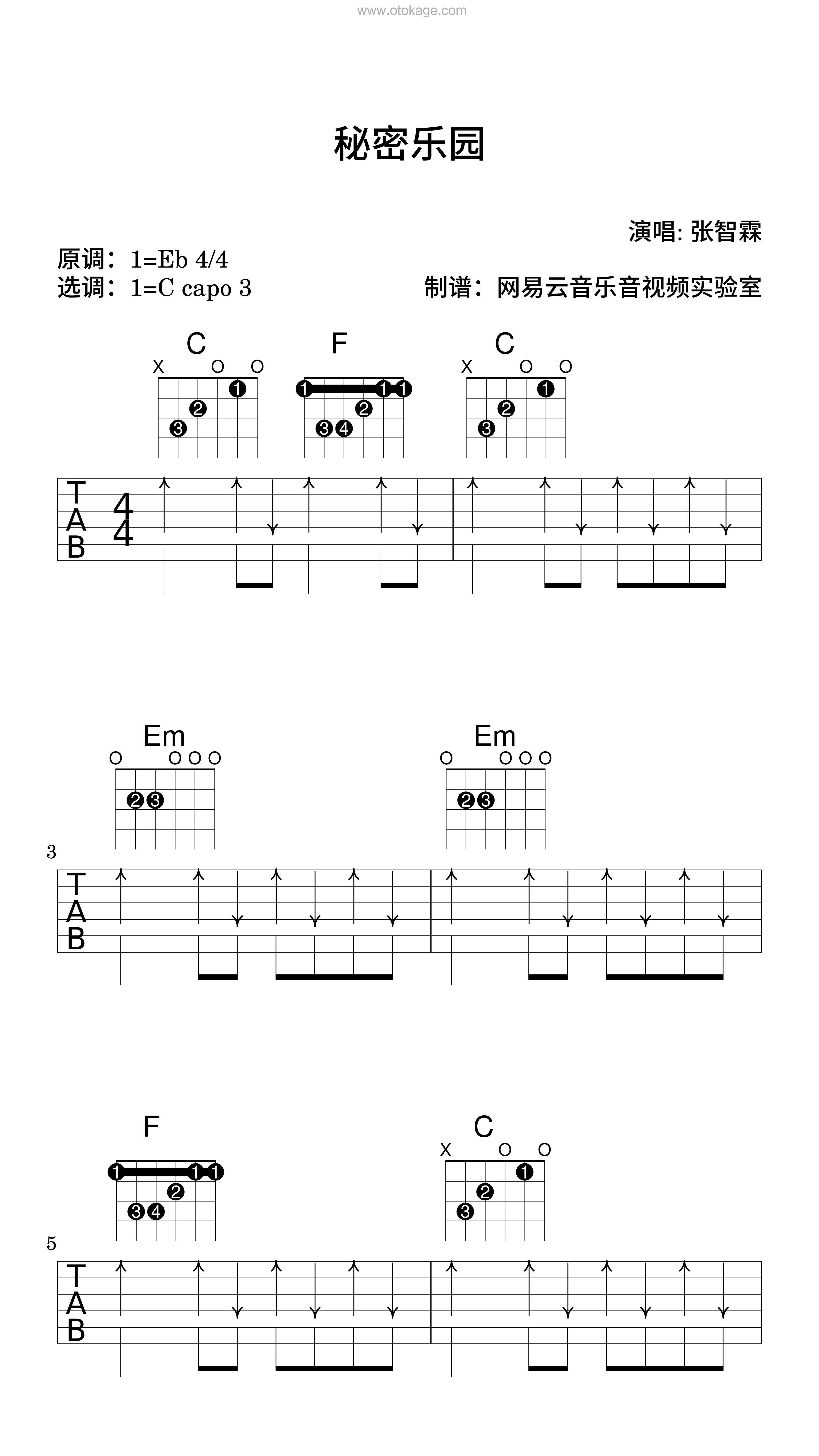 张智霖《秘密乐园吉他谱》降E调_编配精致感人
