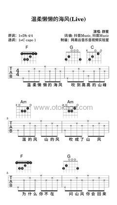 群星《温柔懒懒的海风(Live)吉他谱》降D调_节奏优雅轻快