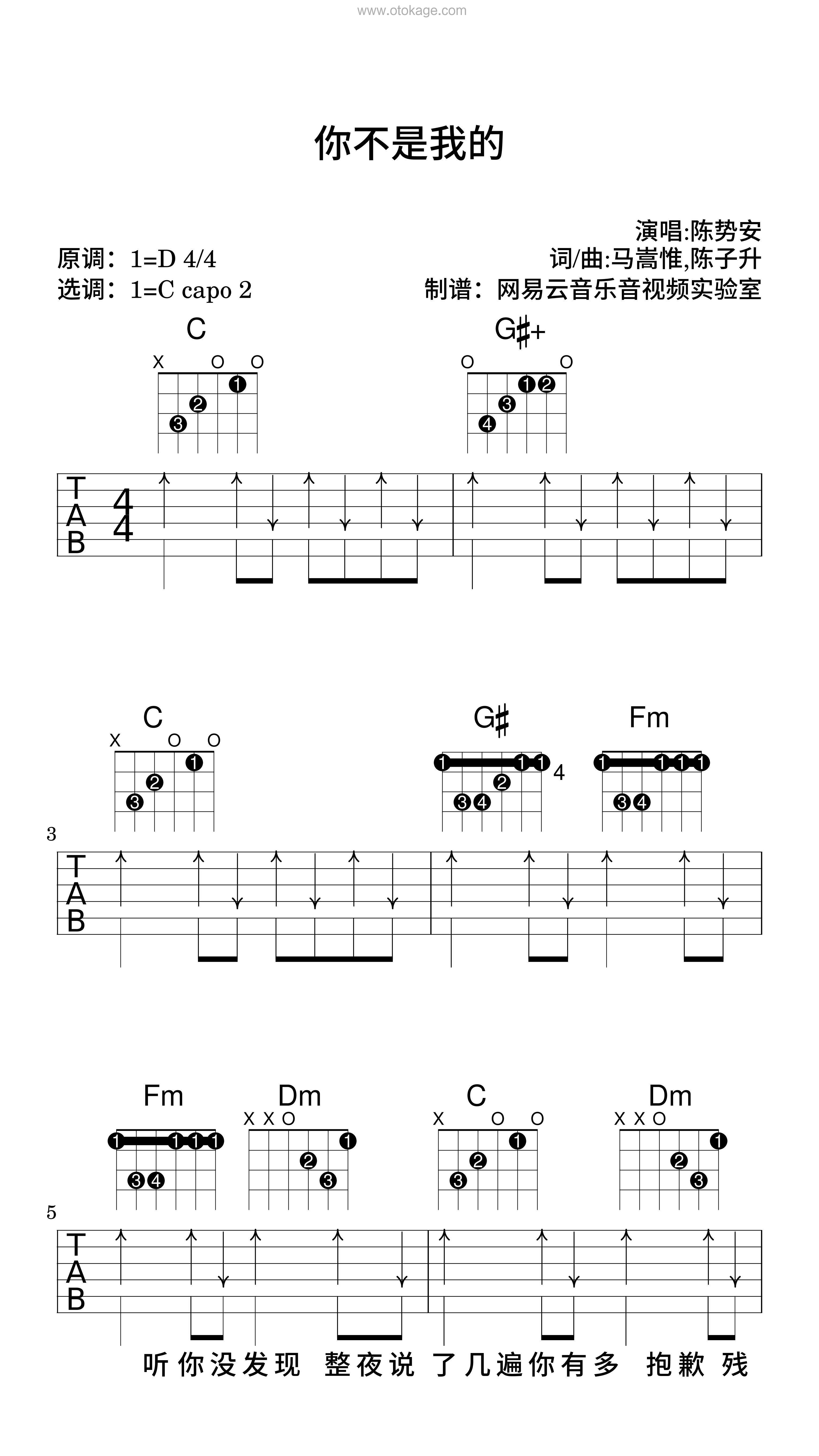陈势安《你不是我的吉他谱》D调_音色温暖动人