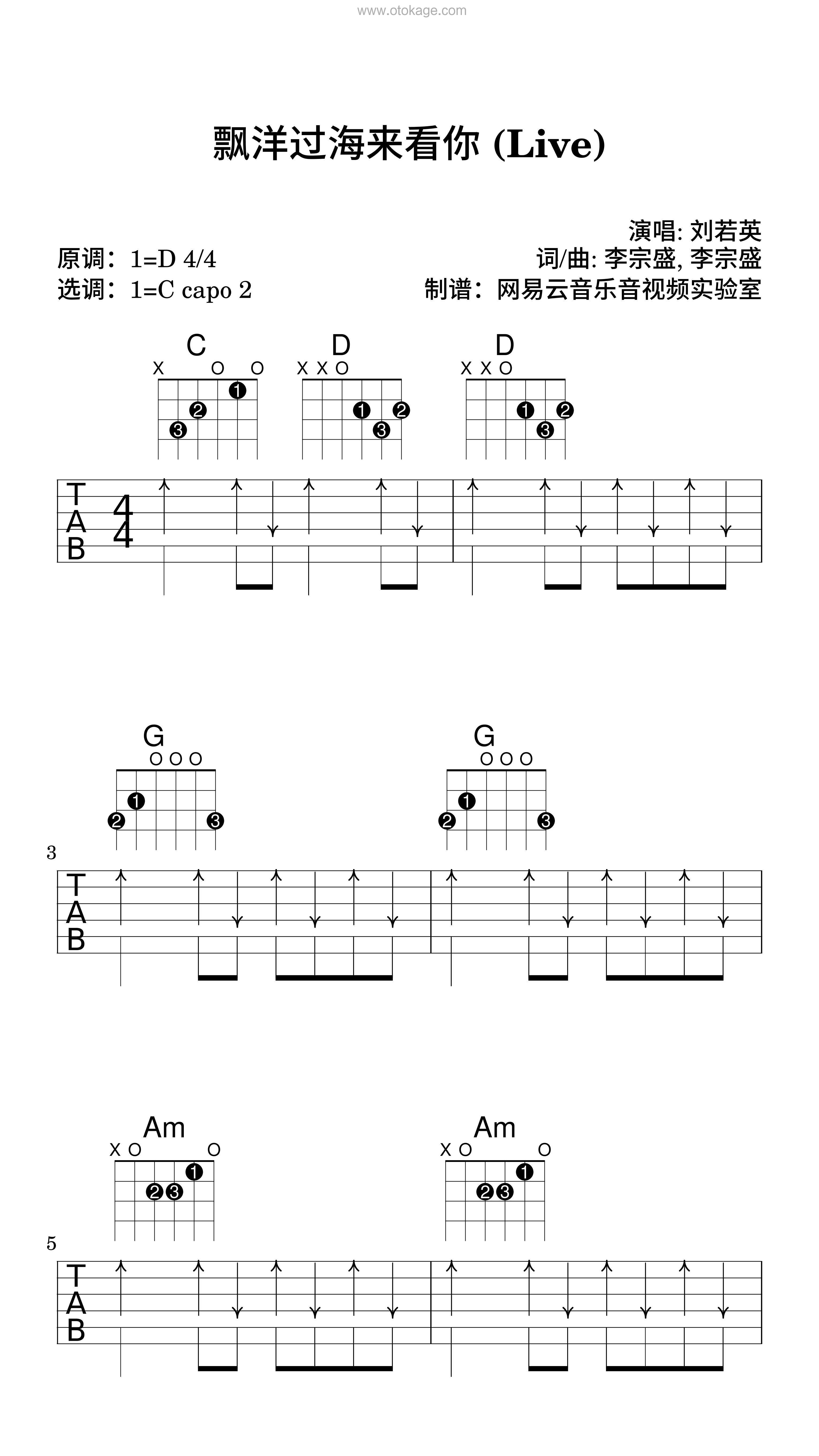 刘若英《飘洋过海来看你 (Live)吉他谱》D调_旋律沁人心脾