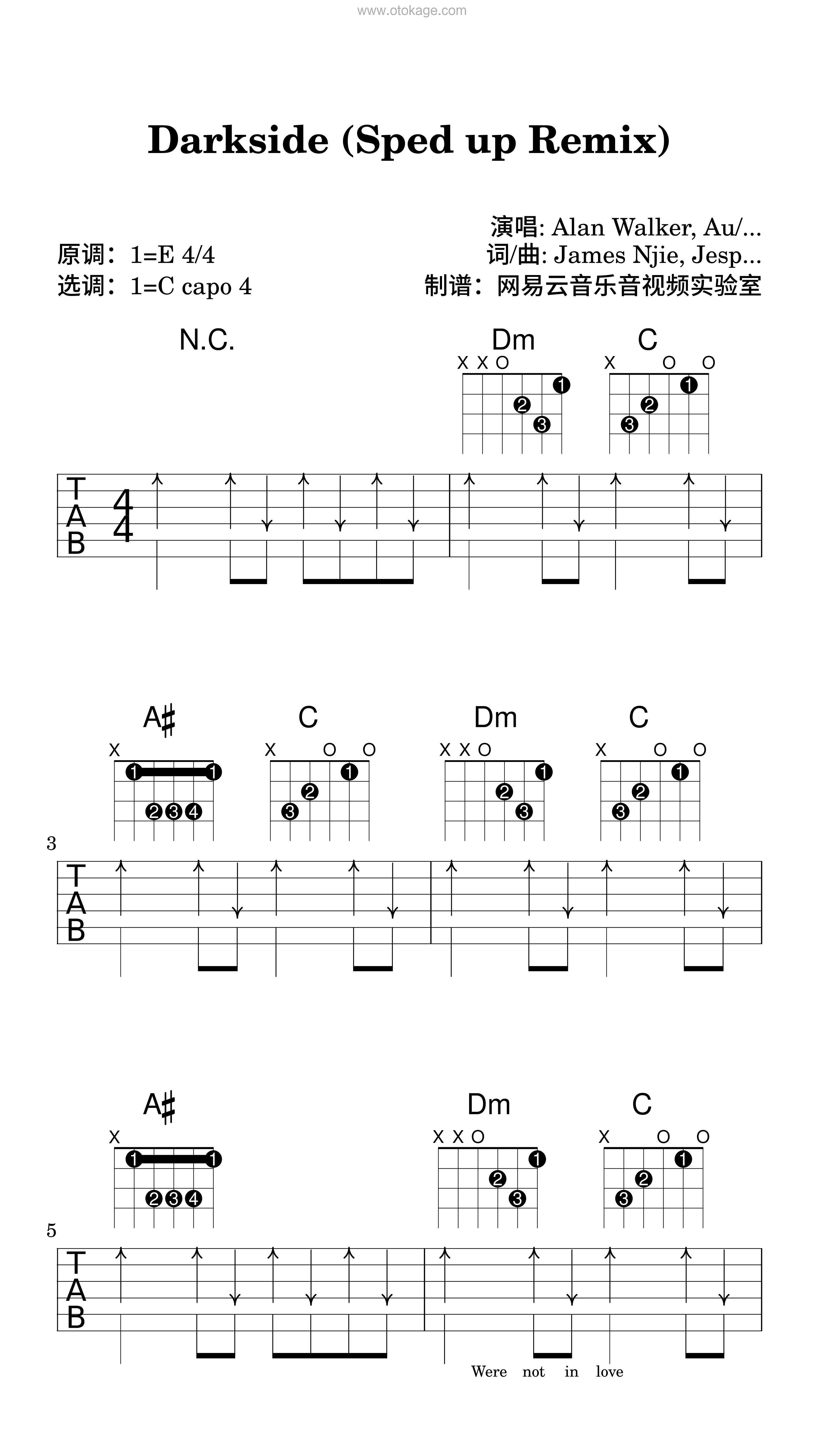 Alan Walker,Au/Ra《Darkside (Sped up Remix)吉他谱》E调_节奏优雅轻快