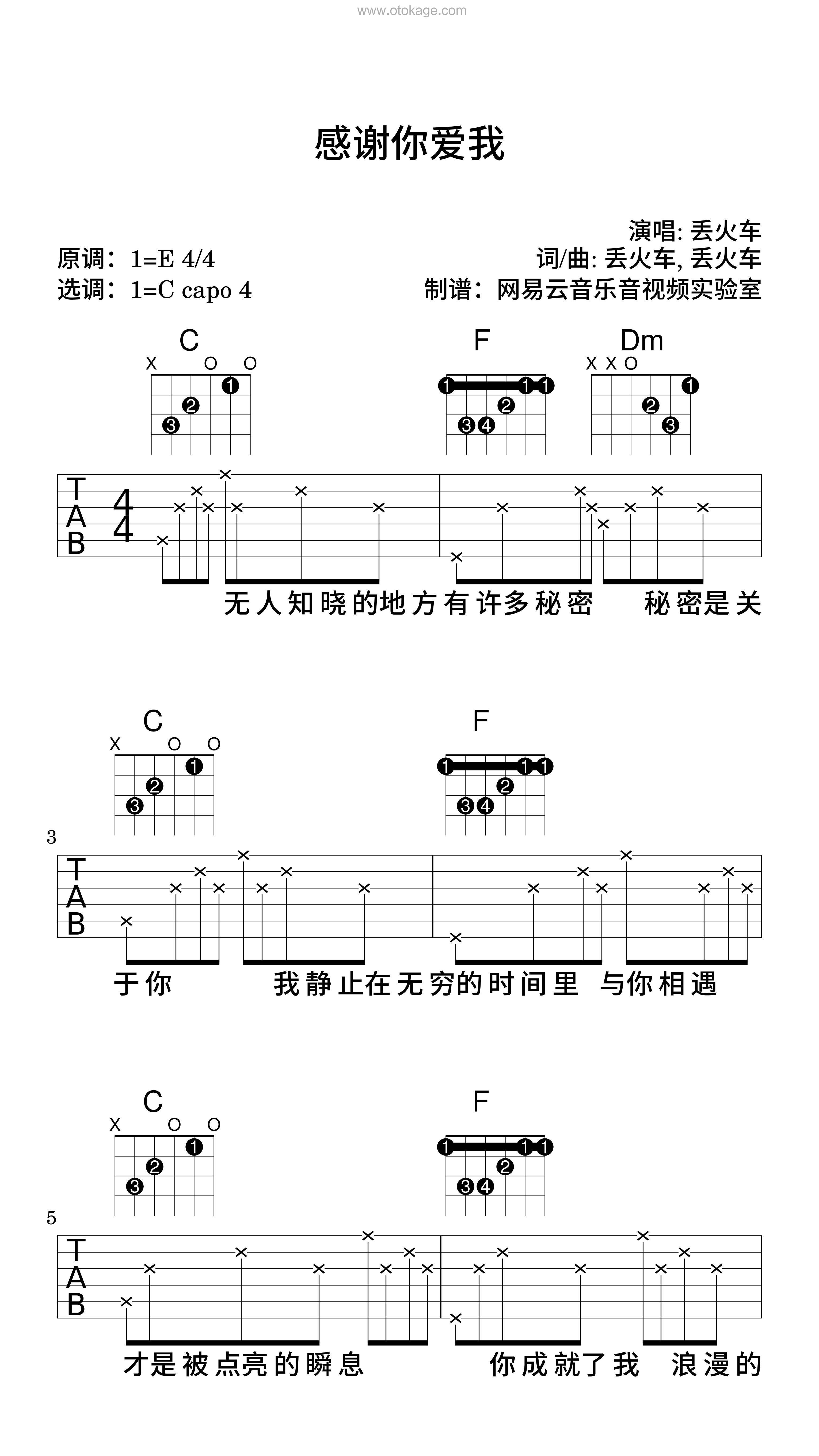 丢火车《感谢你爱我吉他谱》E调_旋律打动心灵