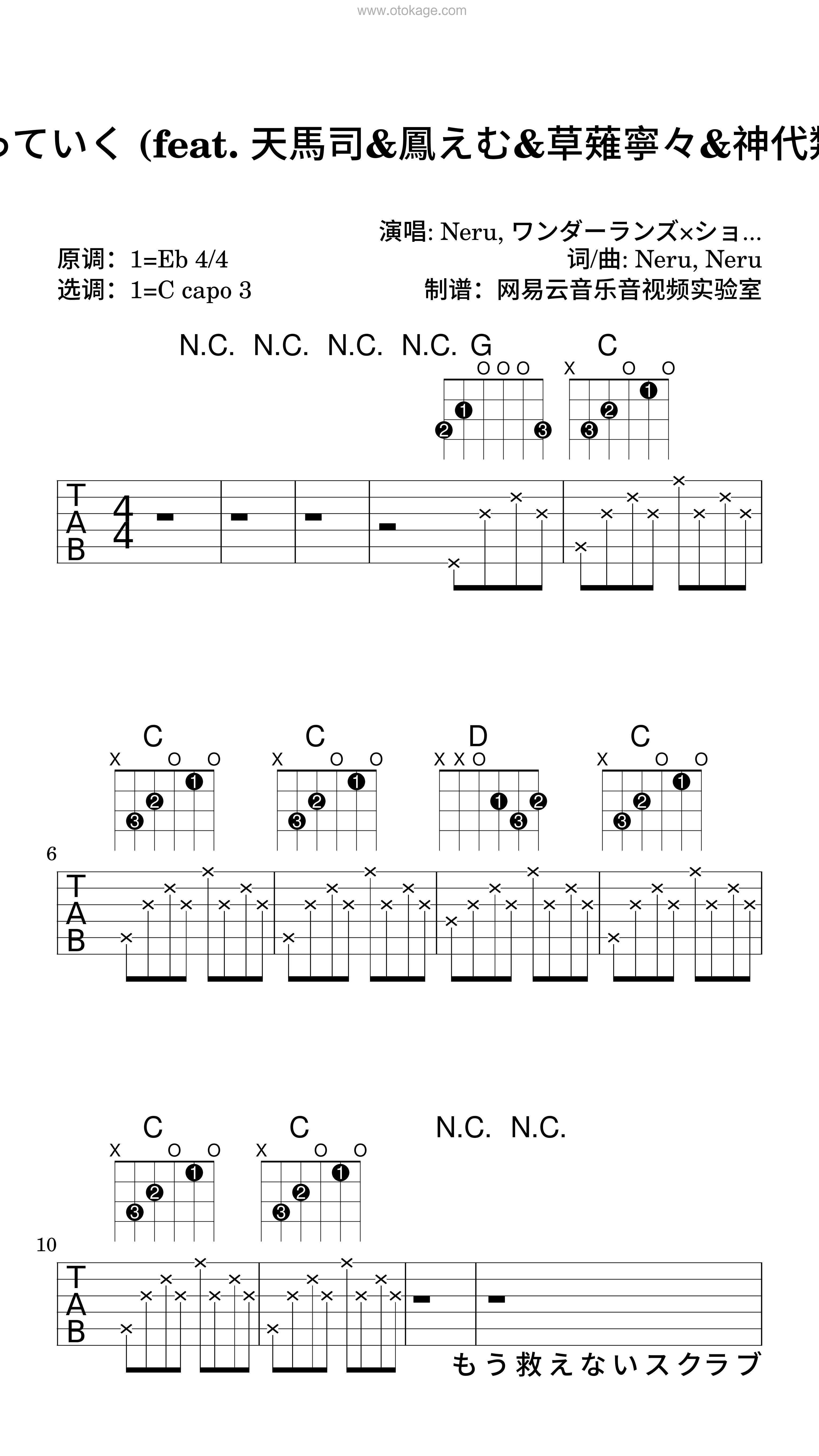 Neru,ワンダーランズ×ショウタイム《potatoになっていく (feat. 天馬司&鳳えむ&草薙寧々&神代類&初音ミク)吉他谱》降E调_旋律简单而动人