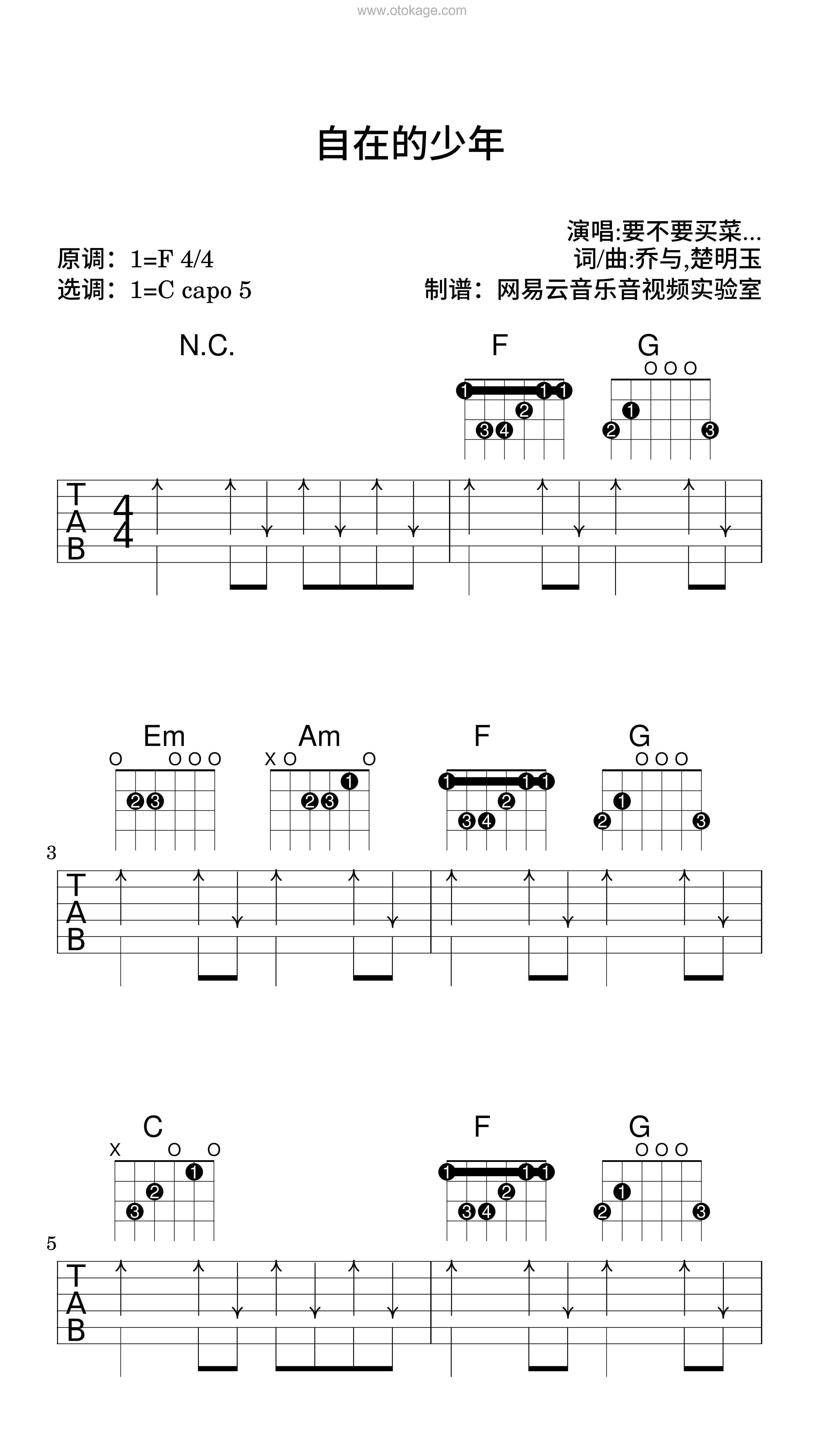 要不要买菜《自在的少年吉他谱》F调_完美契合情感
