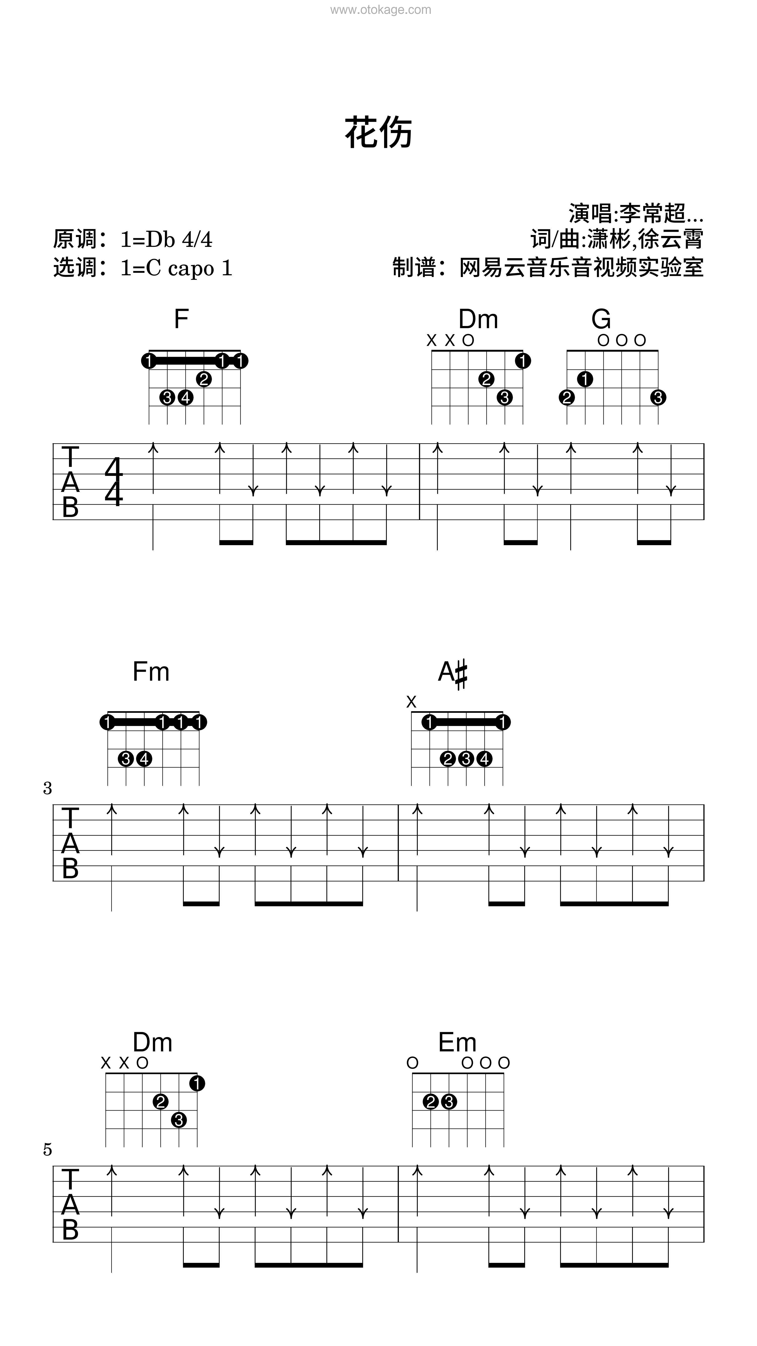 李常超 (Lao乾妈)《花伤吉他谱》降D调_编配打动人心