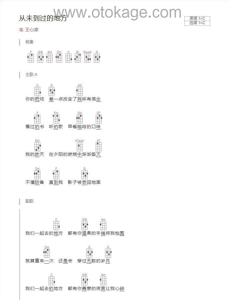 王心凌《从未到过的地方吉他谱》C调_音色柔和迷人