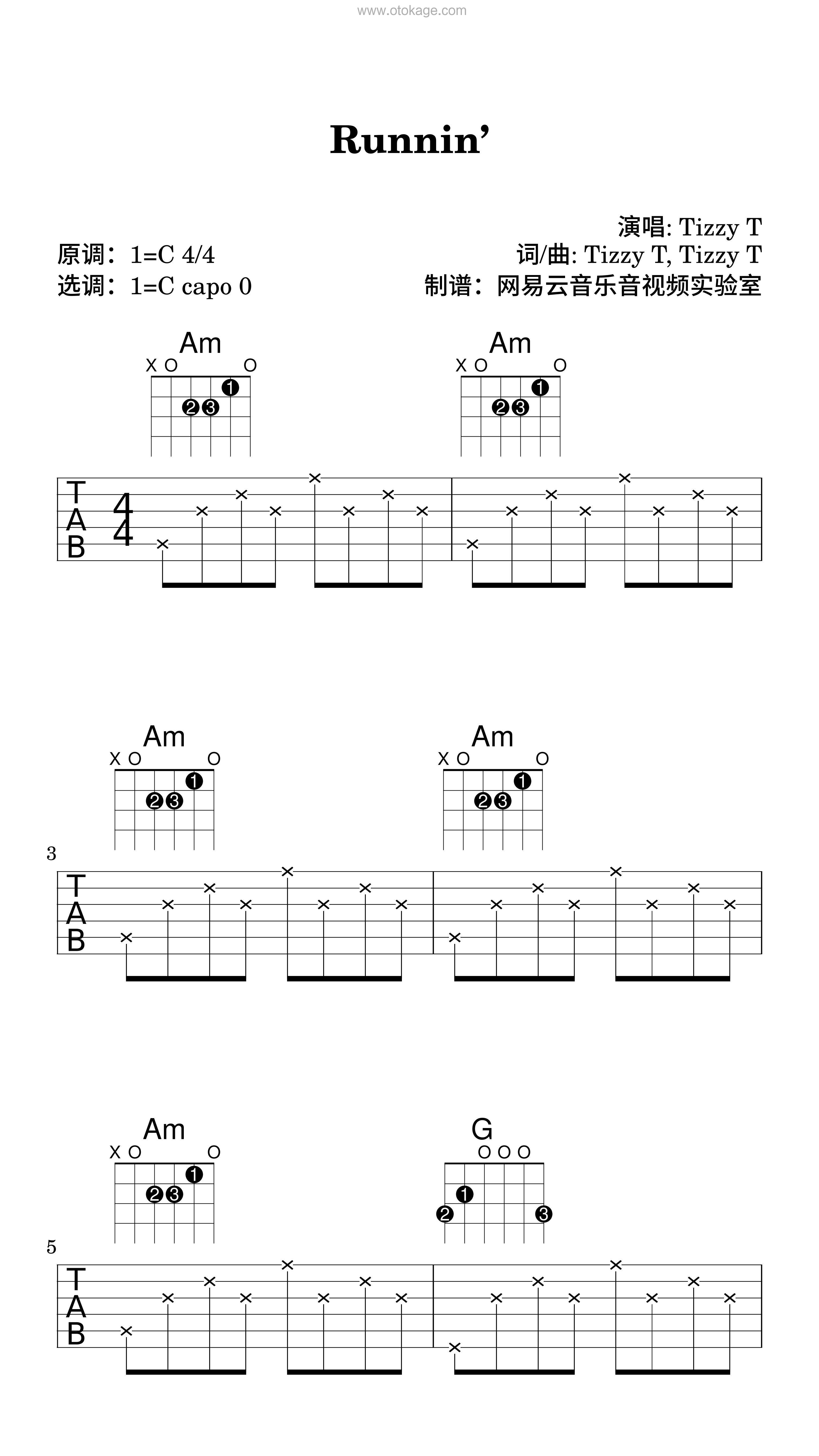 TizzyT《Runnin’吉他谱》C调_旋律深刻动人