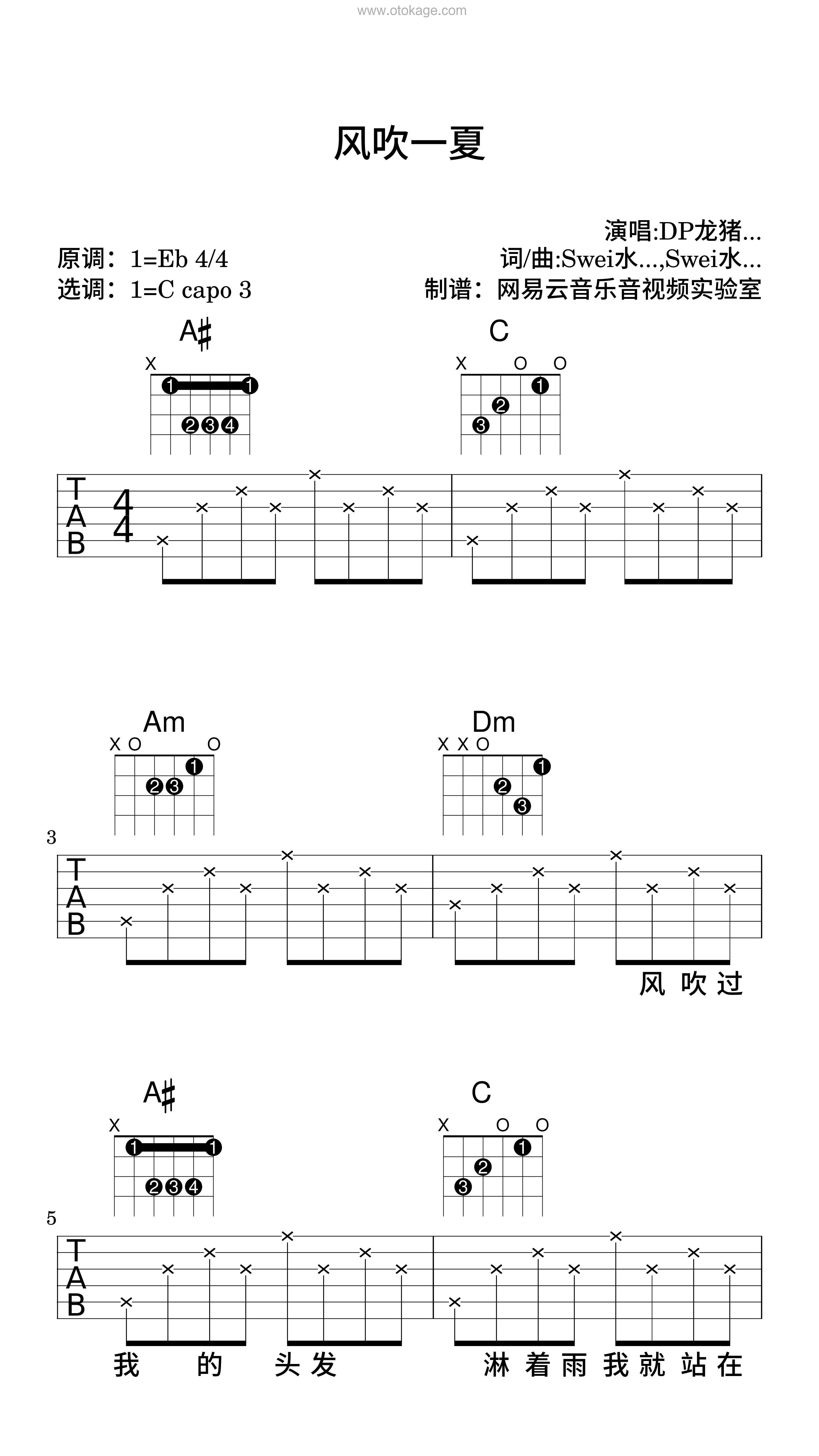 DP龙猪,Swei水《风吹一夏吉他谱》降E调_旋律打动心灵