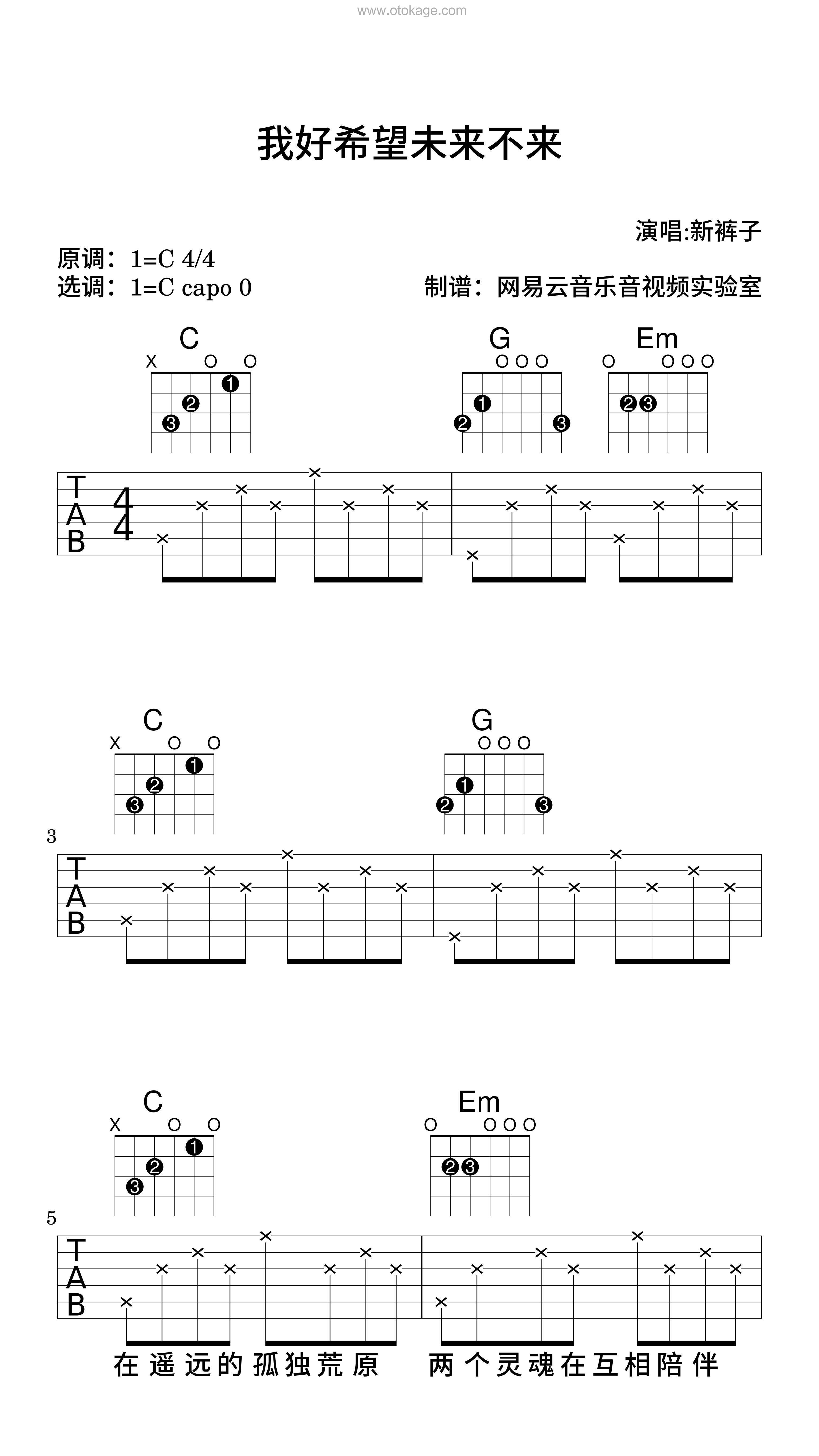 新裤子《我好希望未来不来吉他谱》C调_音符与情感共鸣