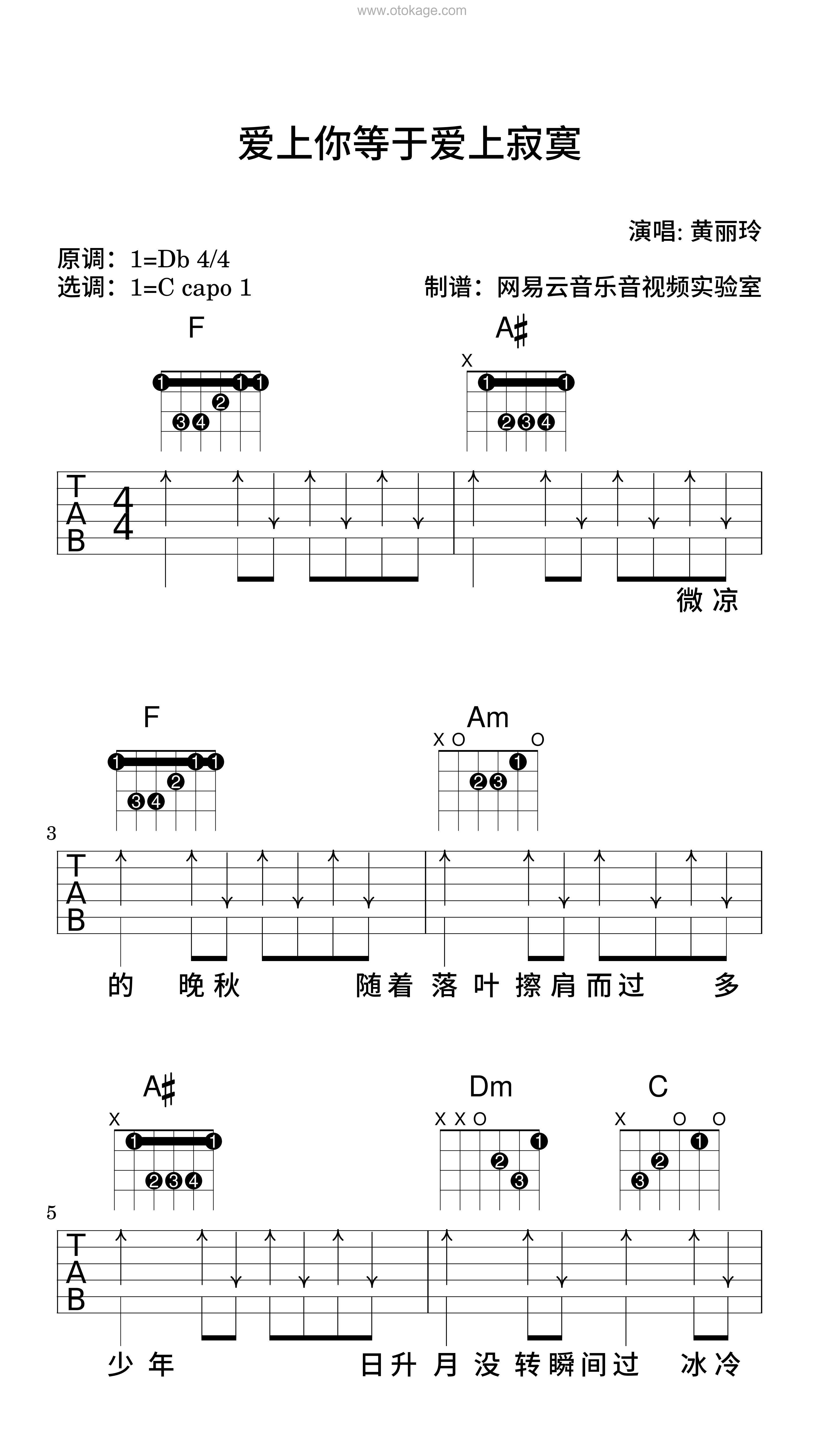 黄丽玲《爱上你等于爱上寂寞吉他谱》降D调_柔和的音色渲染