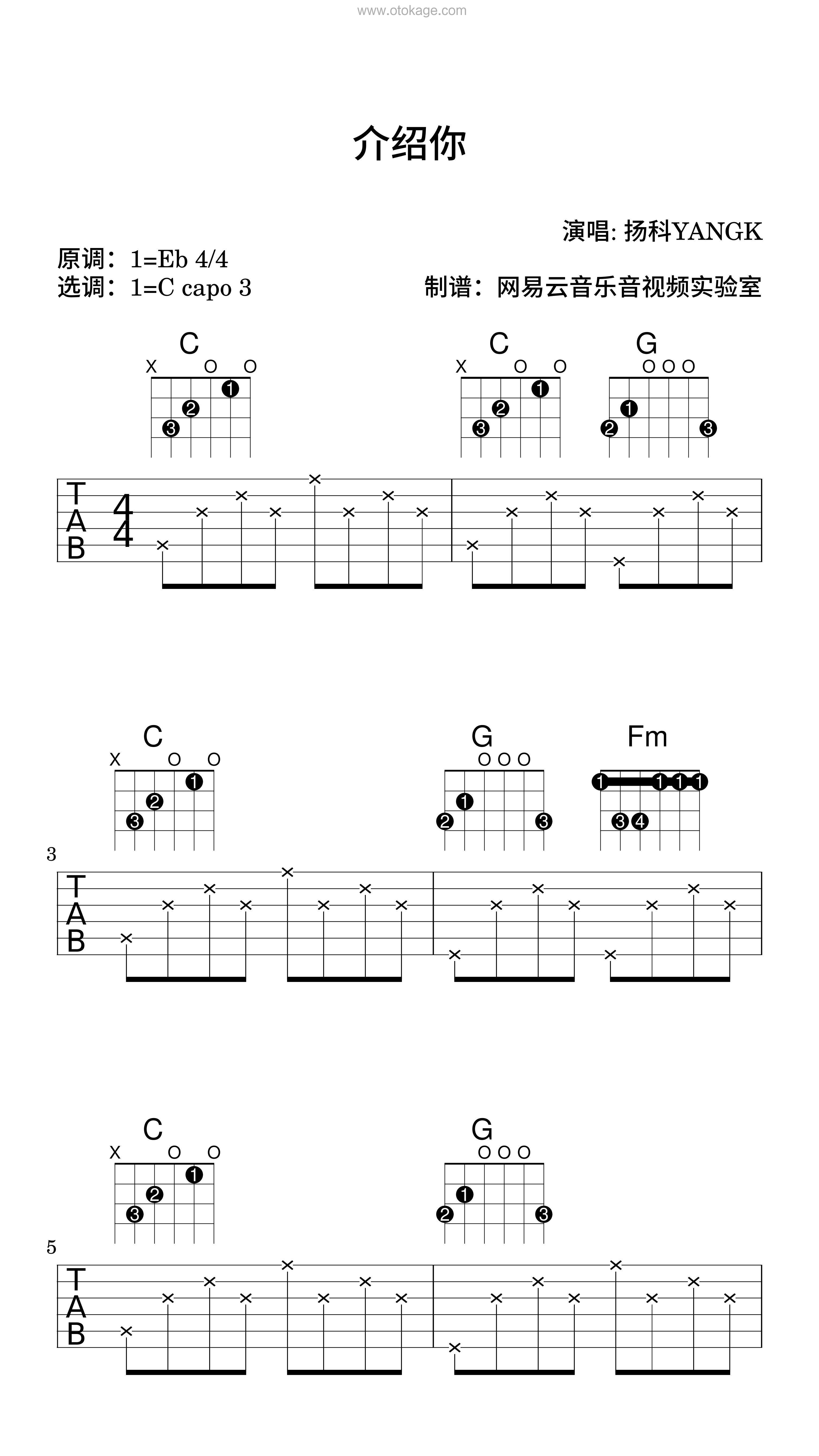 扬科YANGK《介绍你吉他谱》降E调_编配非常用心