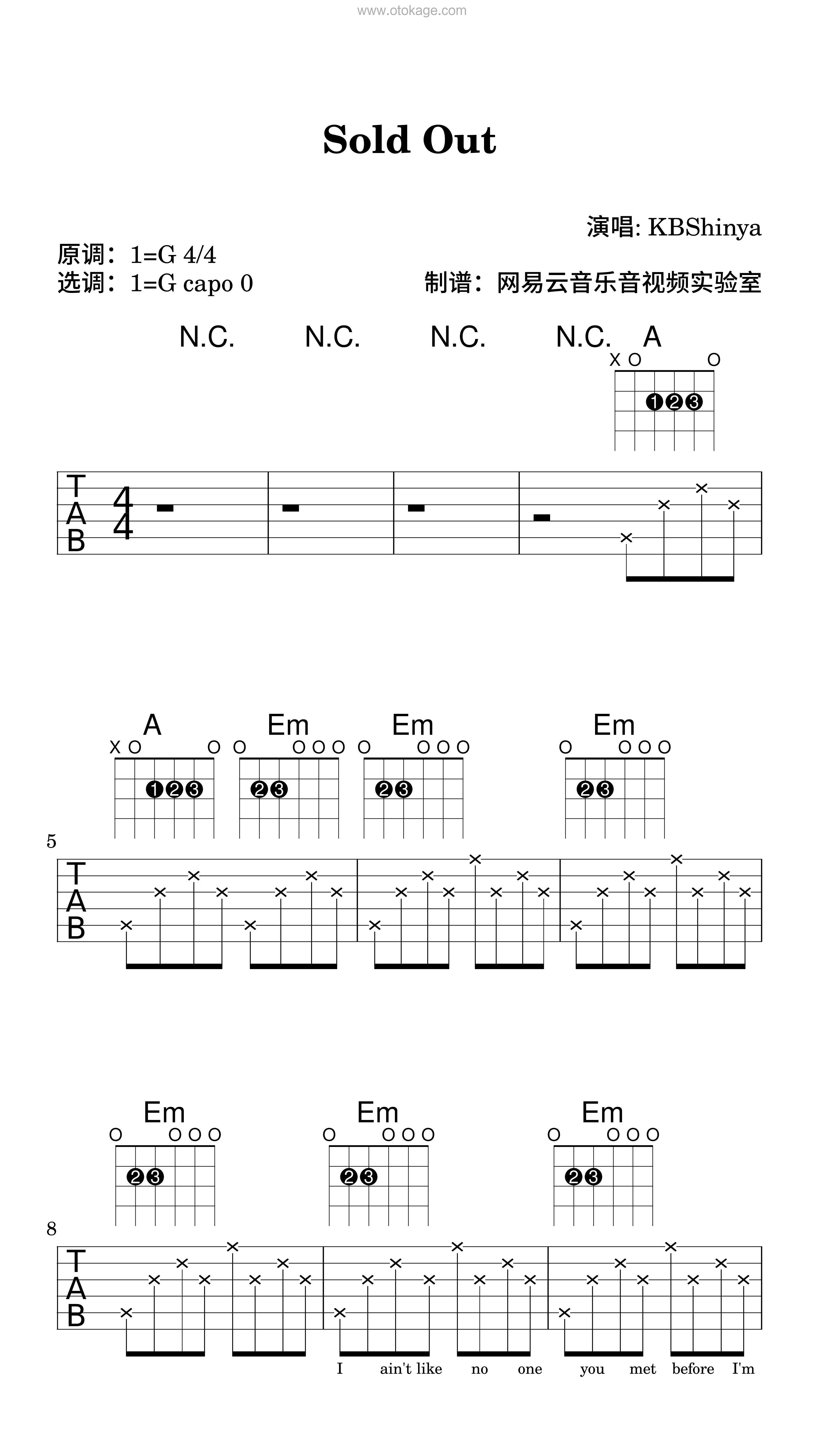 KBShinya《Sold Out吉他谱》G调_节奏与情感交融