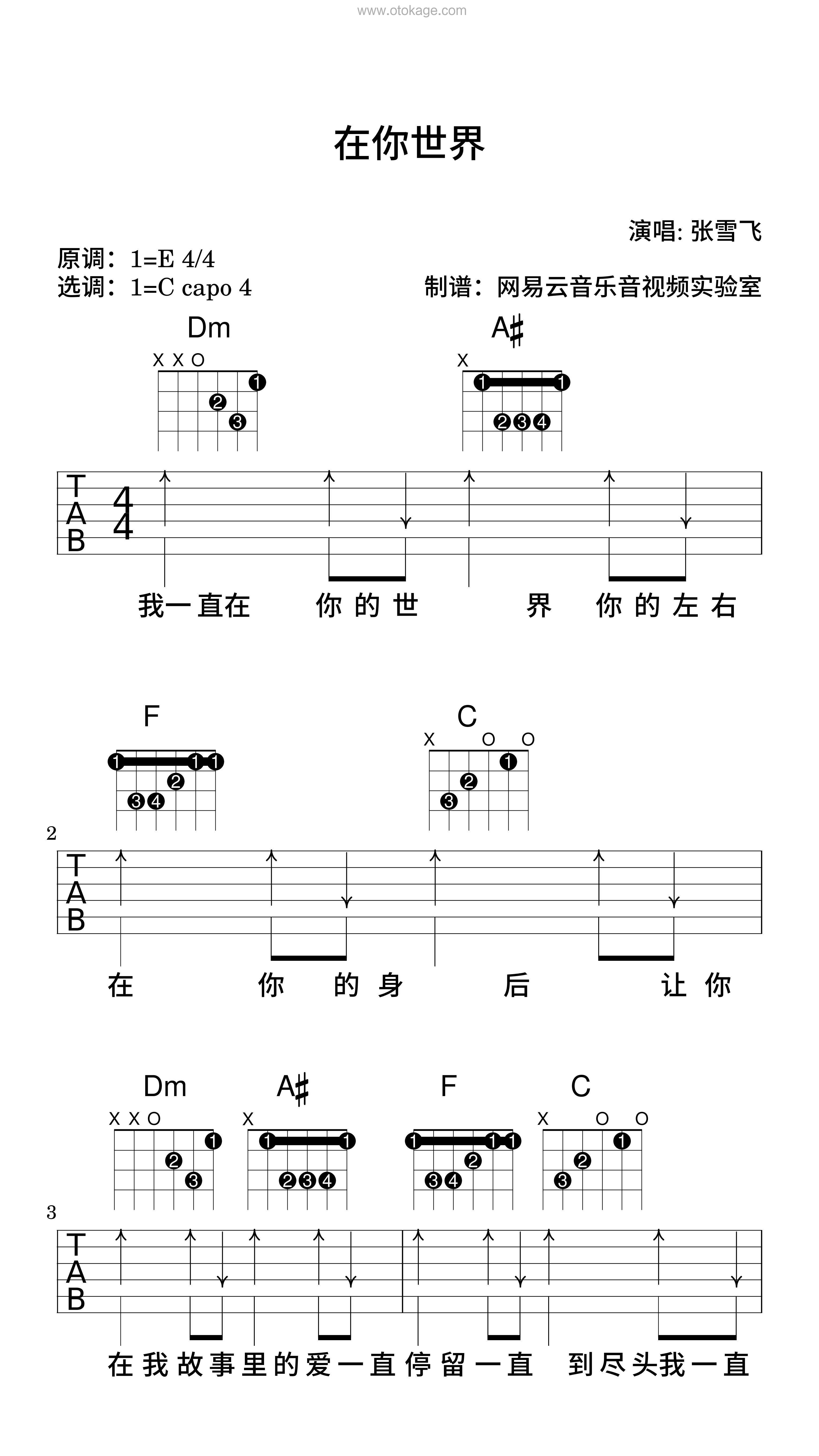 张雪飞《在你世界吉他谱》E调_旋律深情流畅