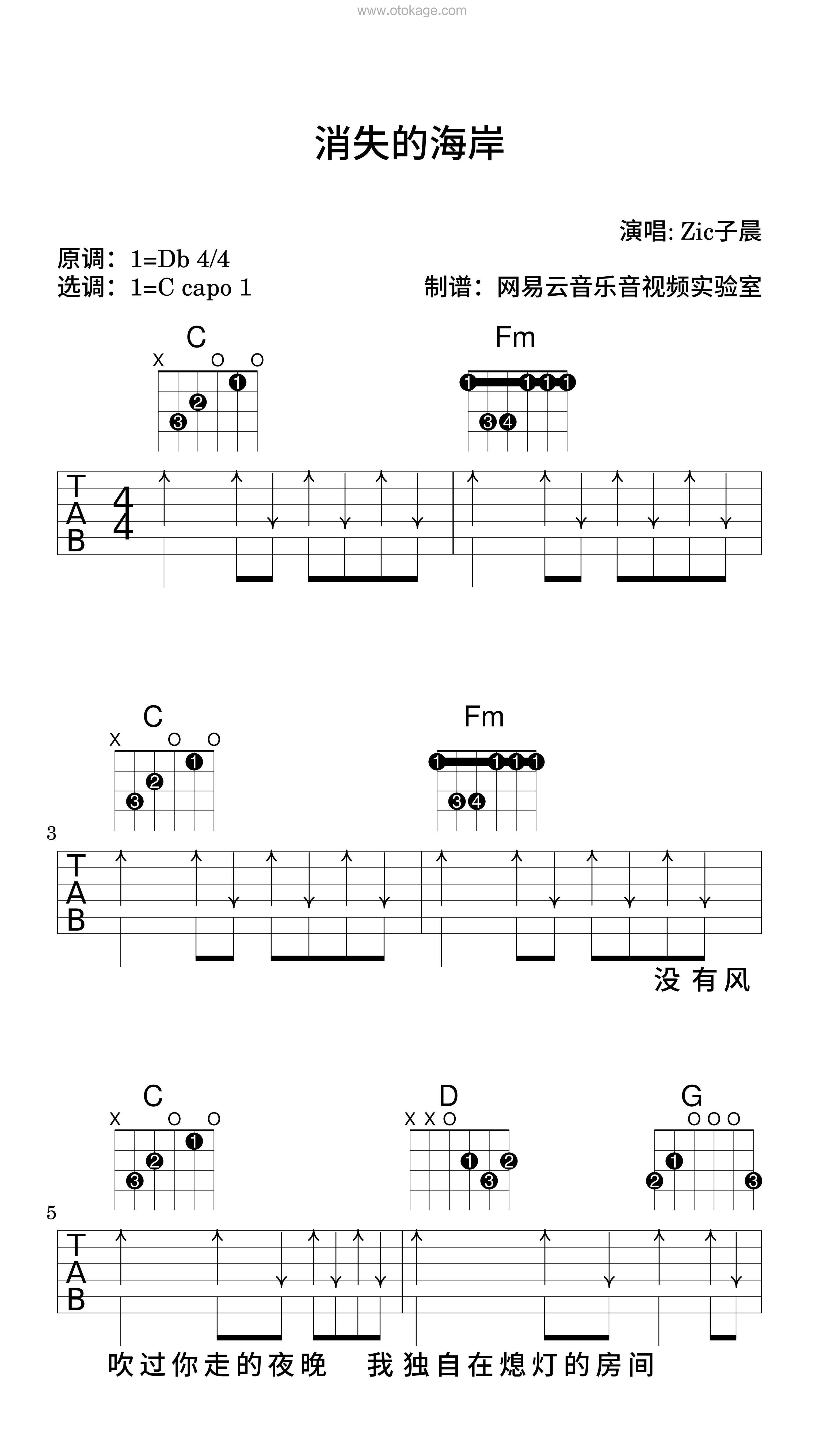 Zic子晨《消失的海岸吉他谱》降D调_完美编曲设计