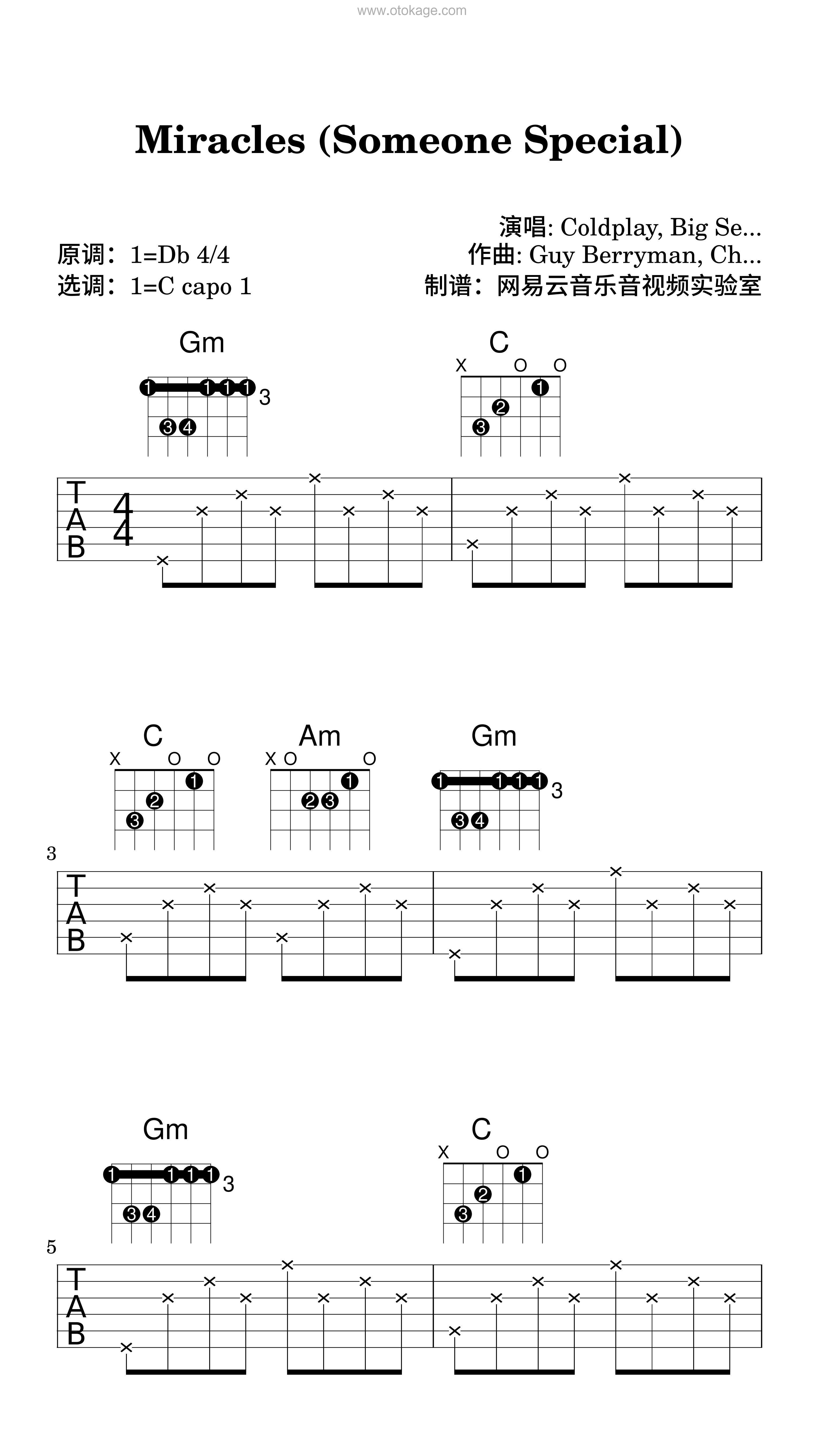Coldplay,Big Sean《Miracles (Someone Special)吉他谱》降D调_节奏轻快愉悦