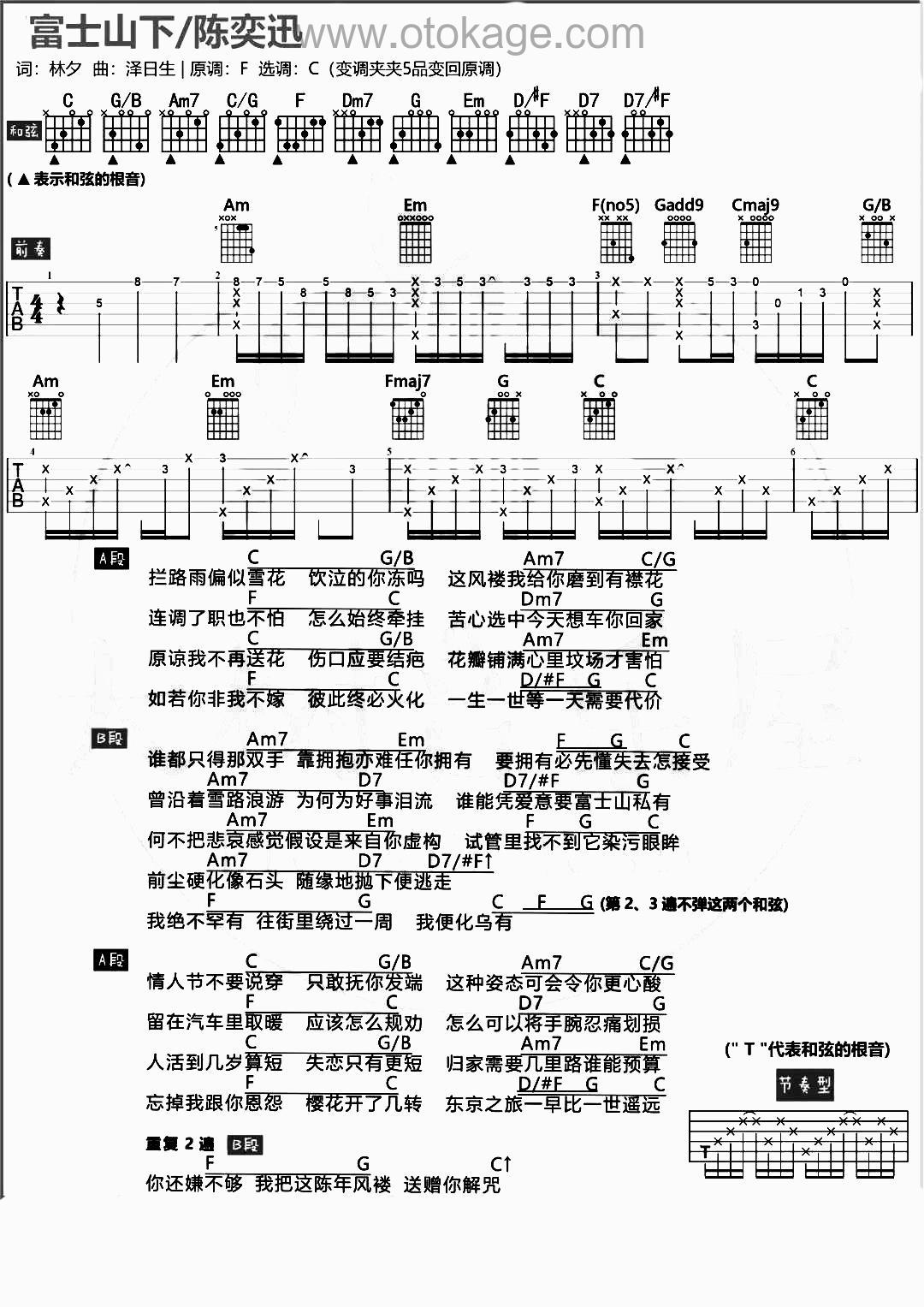 陈奕迅《富士山下吉他谱》F调_音符轻盈跳动