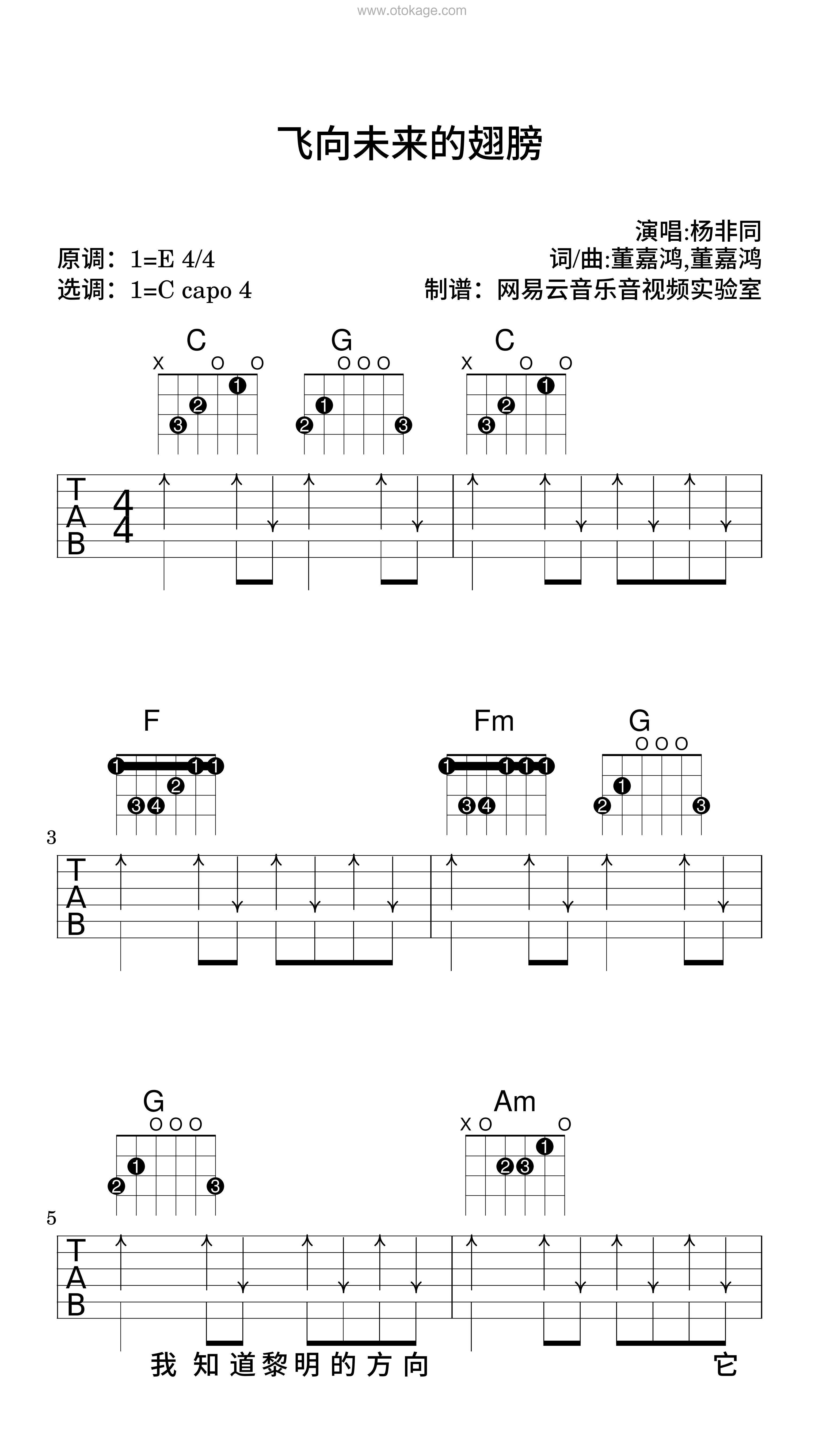 杨非同《飞向未来的翅膀吉他谱》E调_旋律优雅如梦