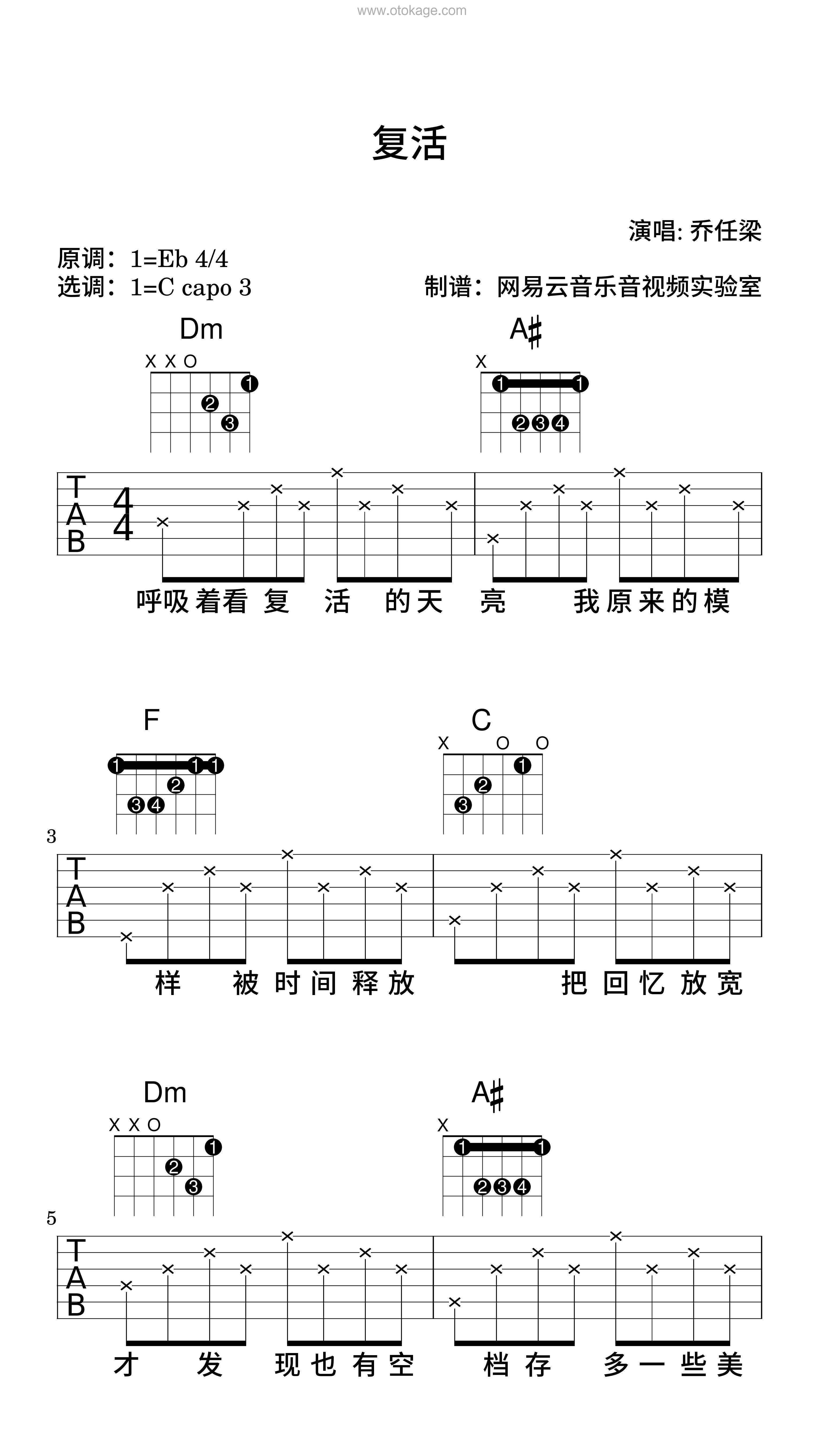 乔任梁《复活吉他谱》降E调_编排富有层次感