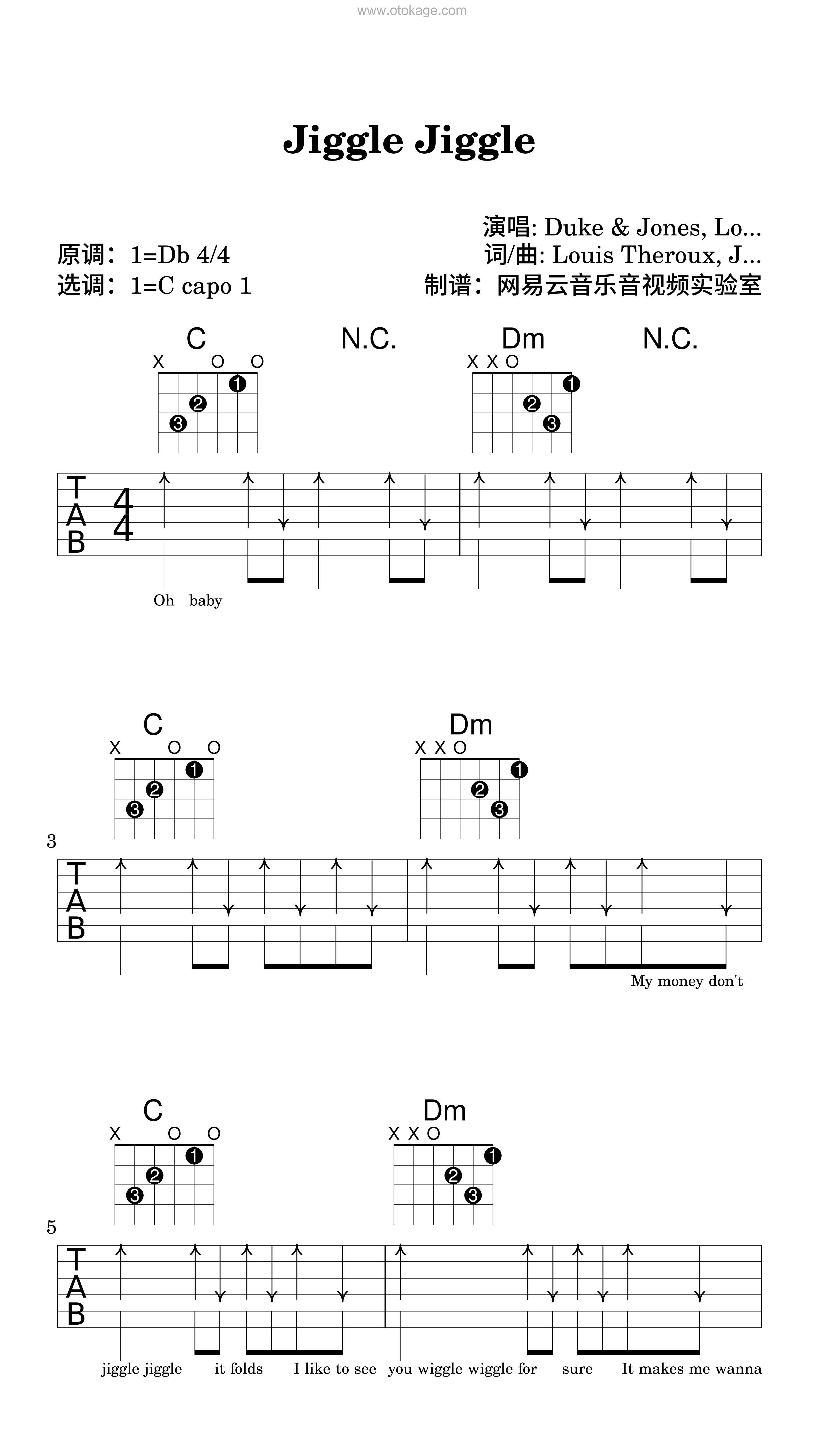 Duke & Jones,Louis Theroux《Jiggle Jiggle吉他谱》降D调_旋律优美流畅
