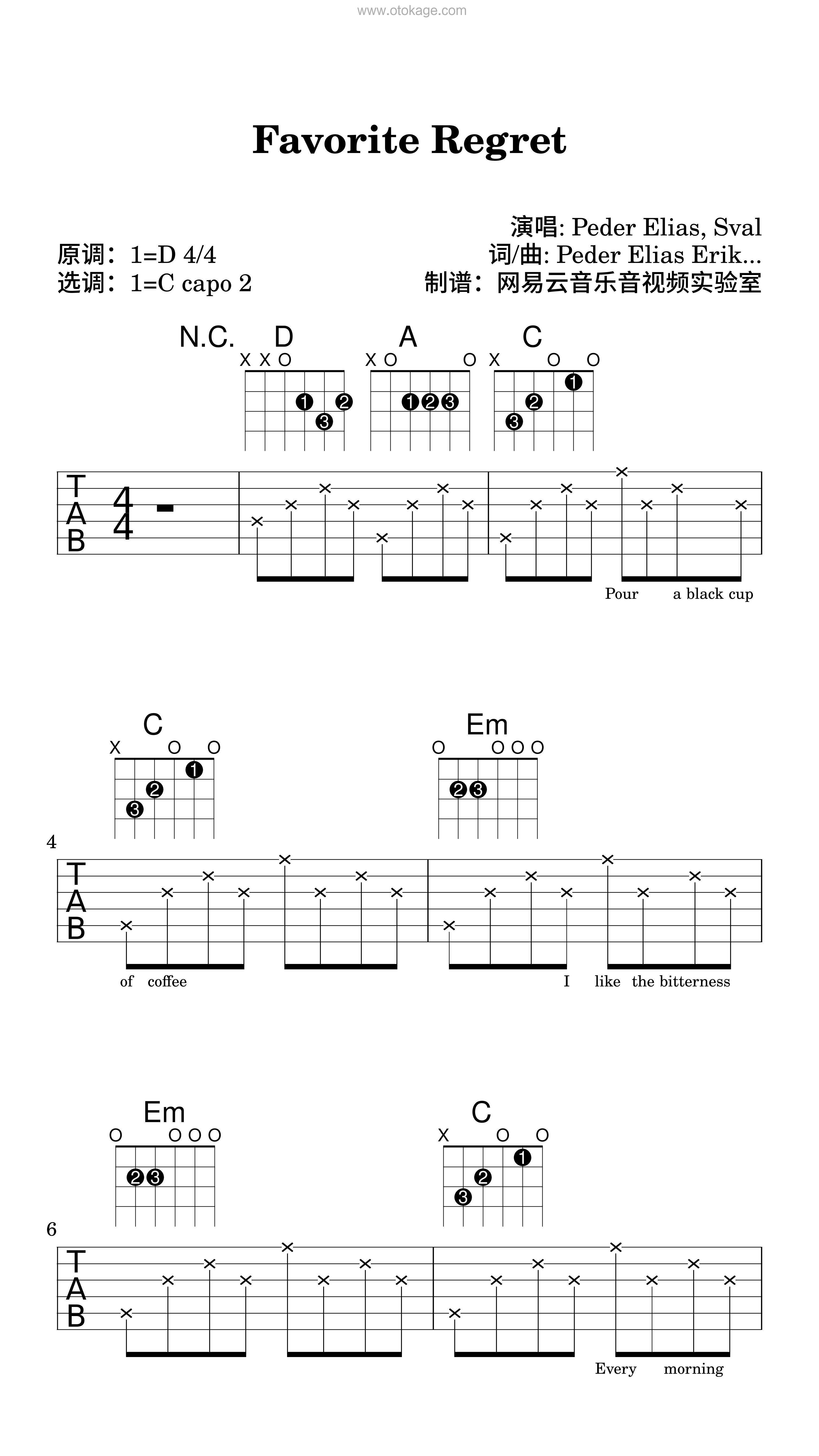 Peder Elias,Sval《Favorite Regret吉他谱》D调_音色纯净通透