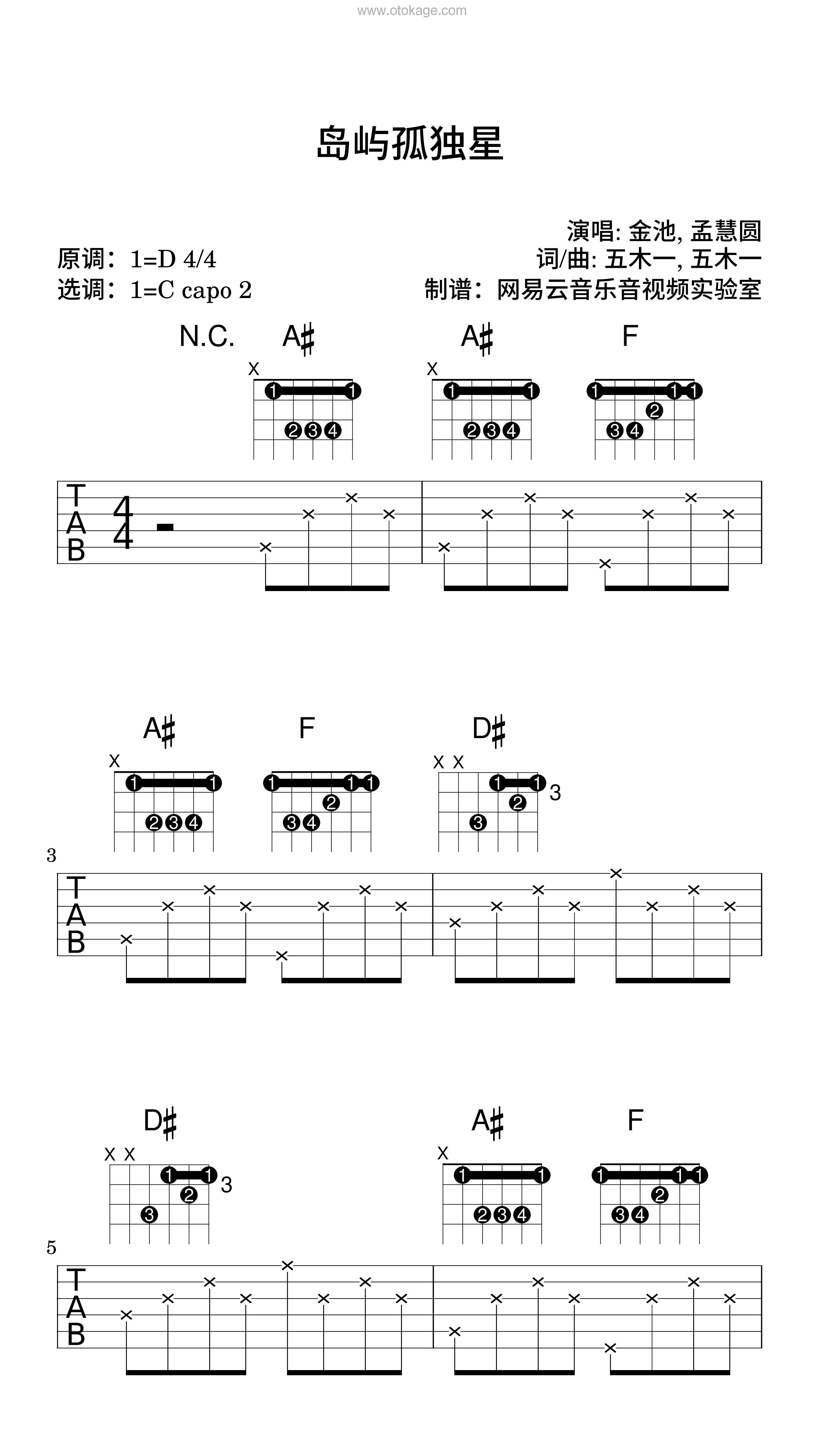 金池《岛屿孤独星吉他谱》D调_完美的音乐细节