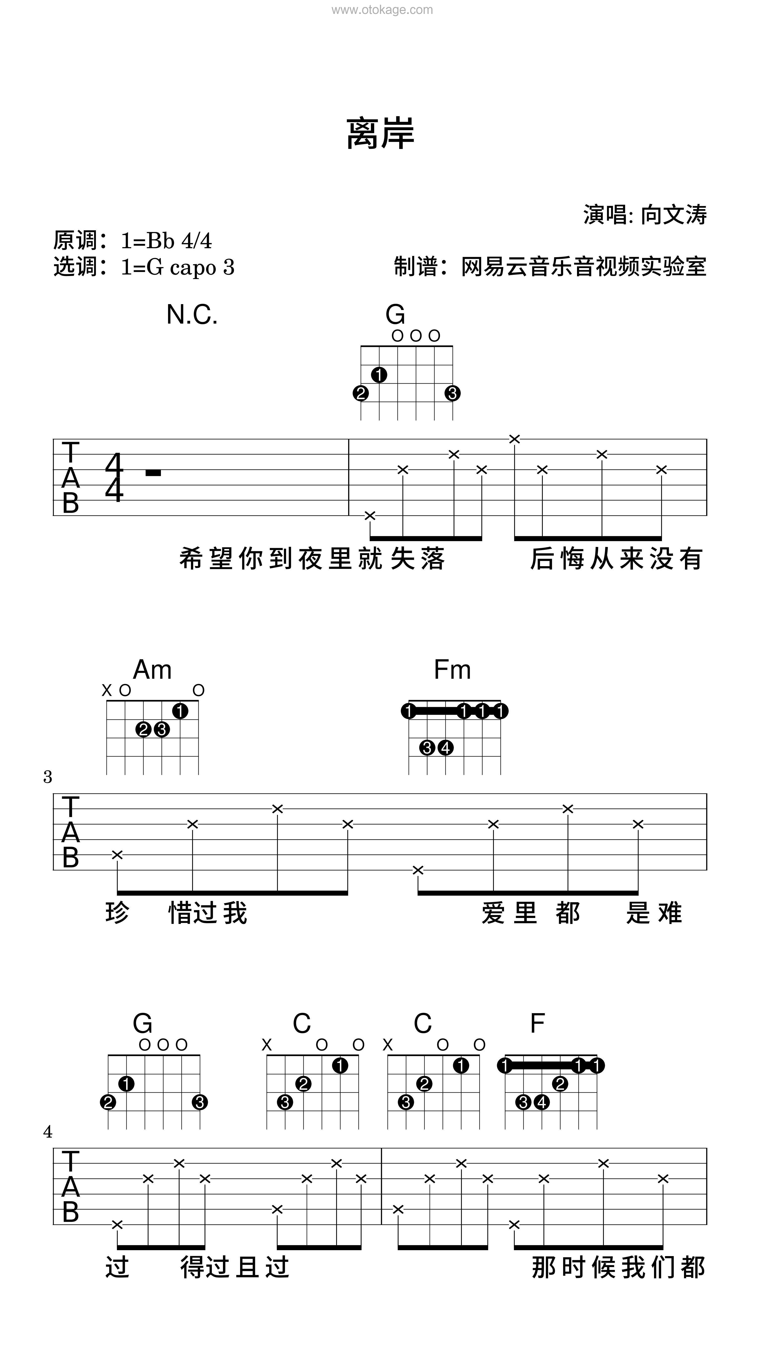 向文涛《离岸吉他谱》降B调_节奏轻巧灵动