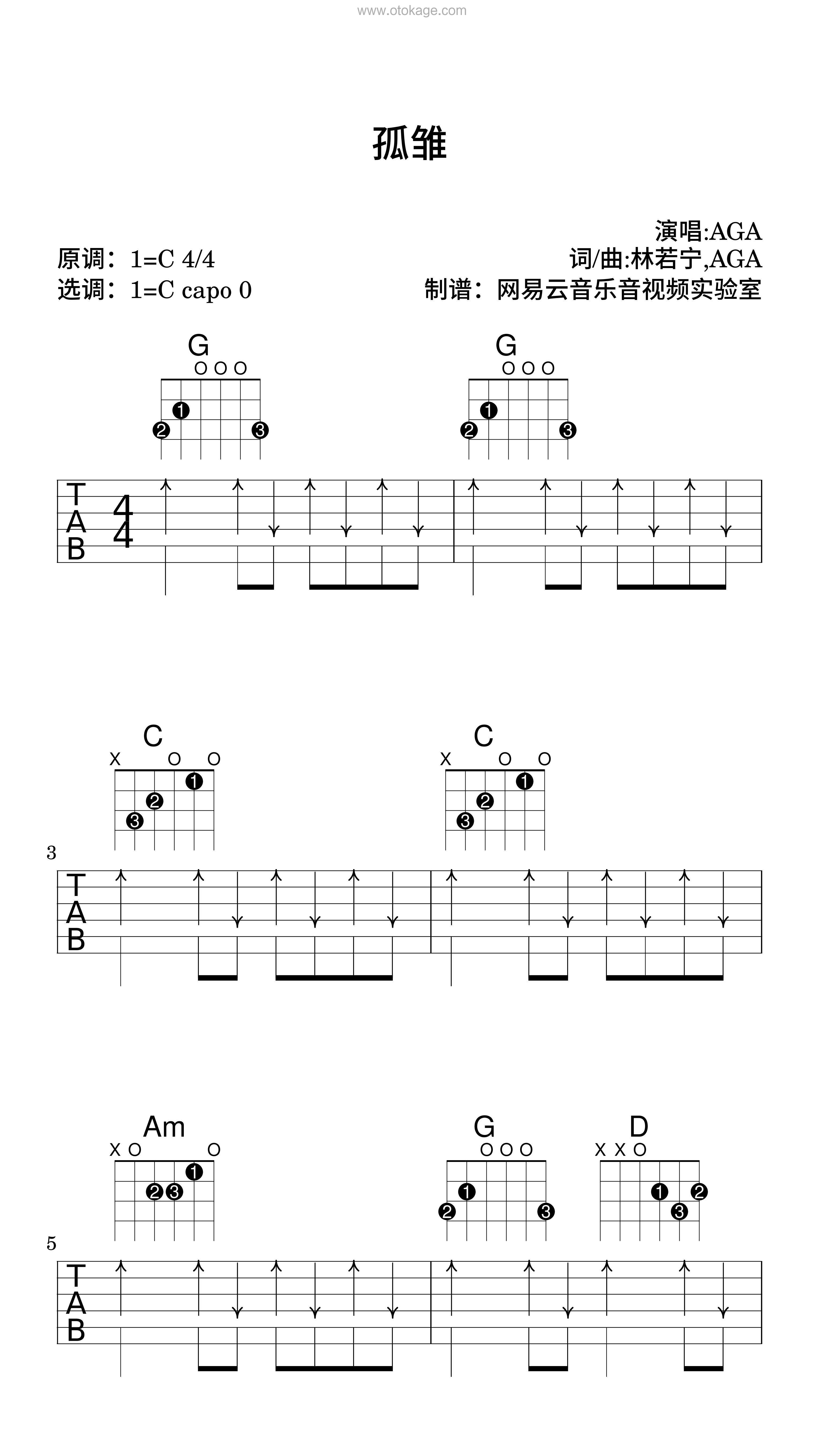AGA《孤雏吉他谱》C调_完美节奏编排