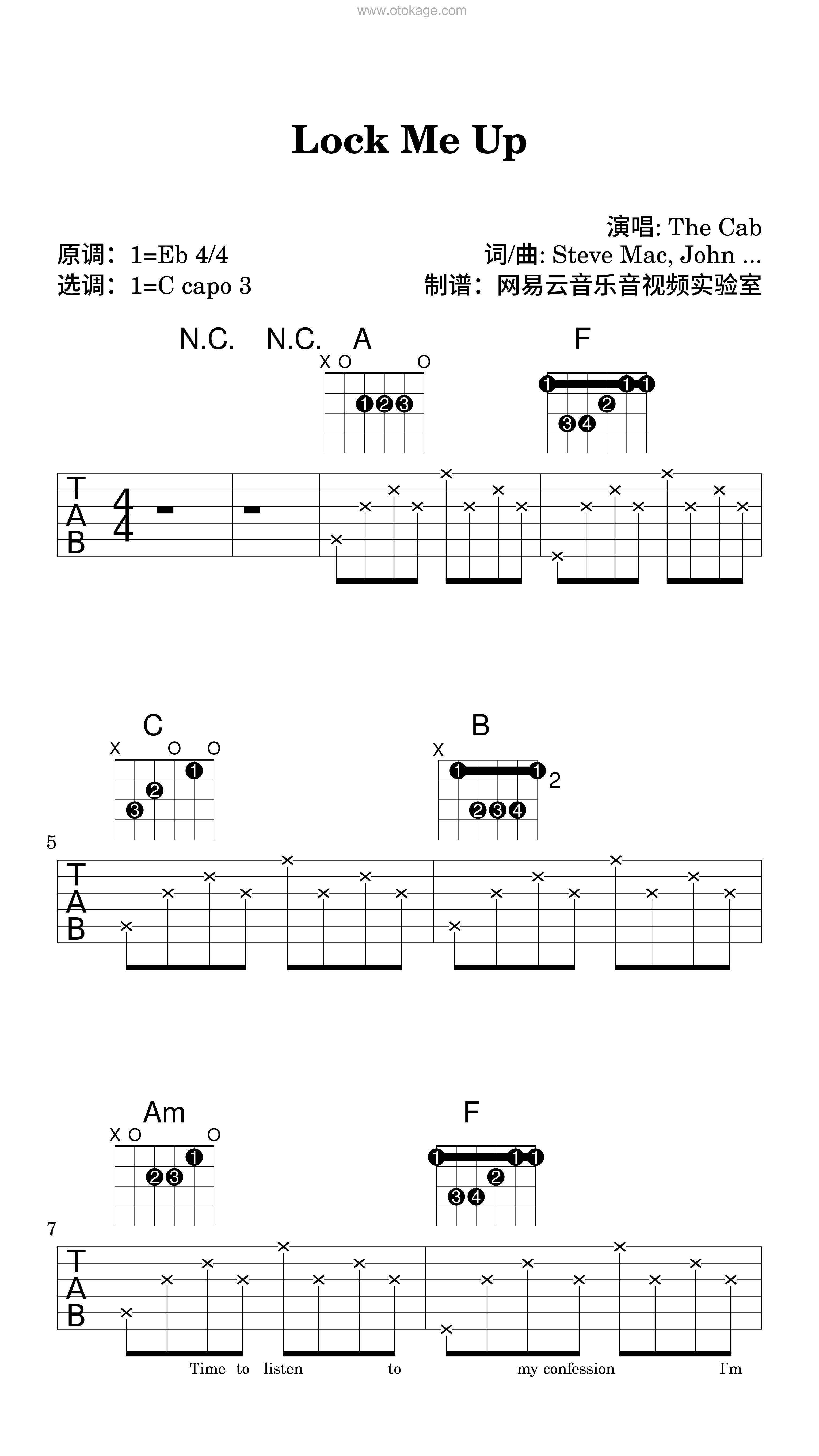 The Cab《Lock Me Up吉他谱》降E调_音符婉转动人