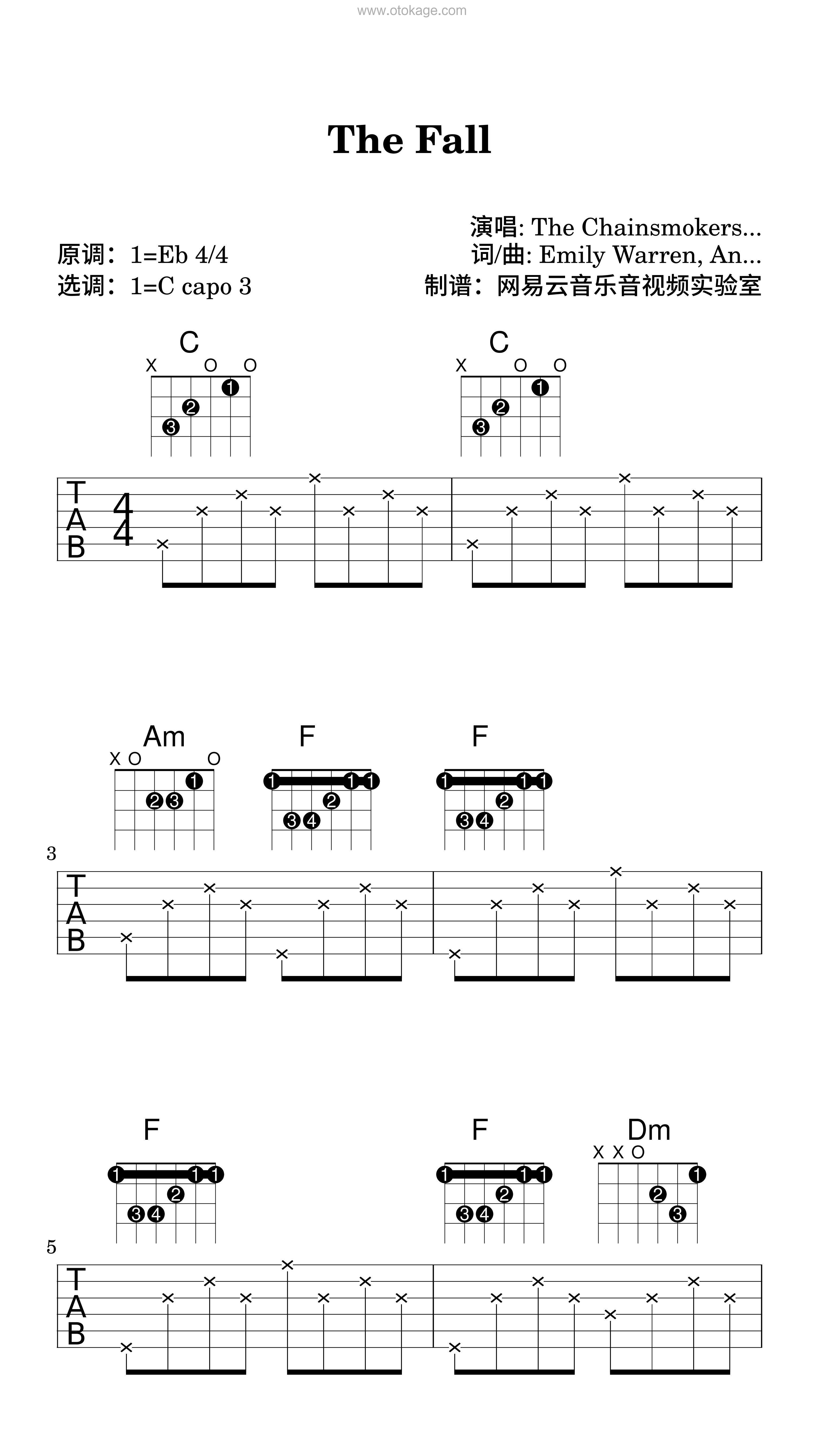 The Chainsmokers,Ship Wrek《The Fall吉他谱》降E调_编曲充满温情