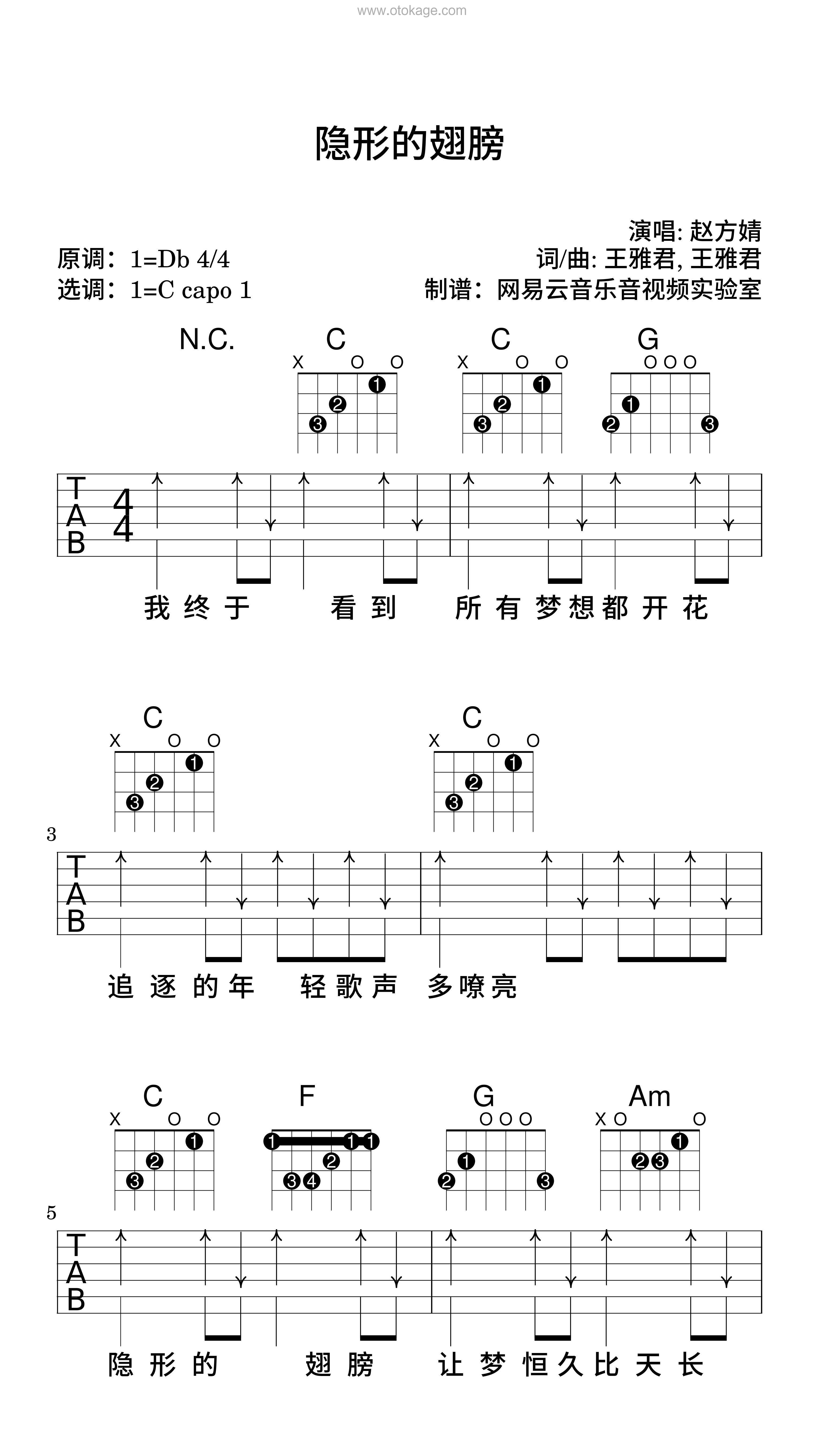 赵方婧《隐形的翅膀吉他谱》降D调_令人难忘的和声