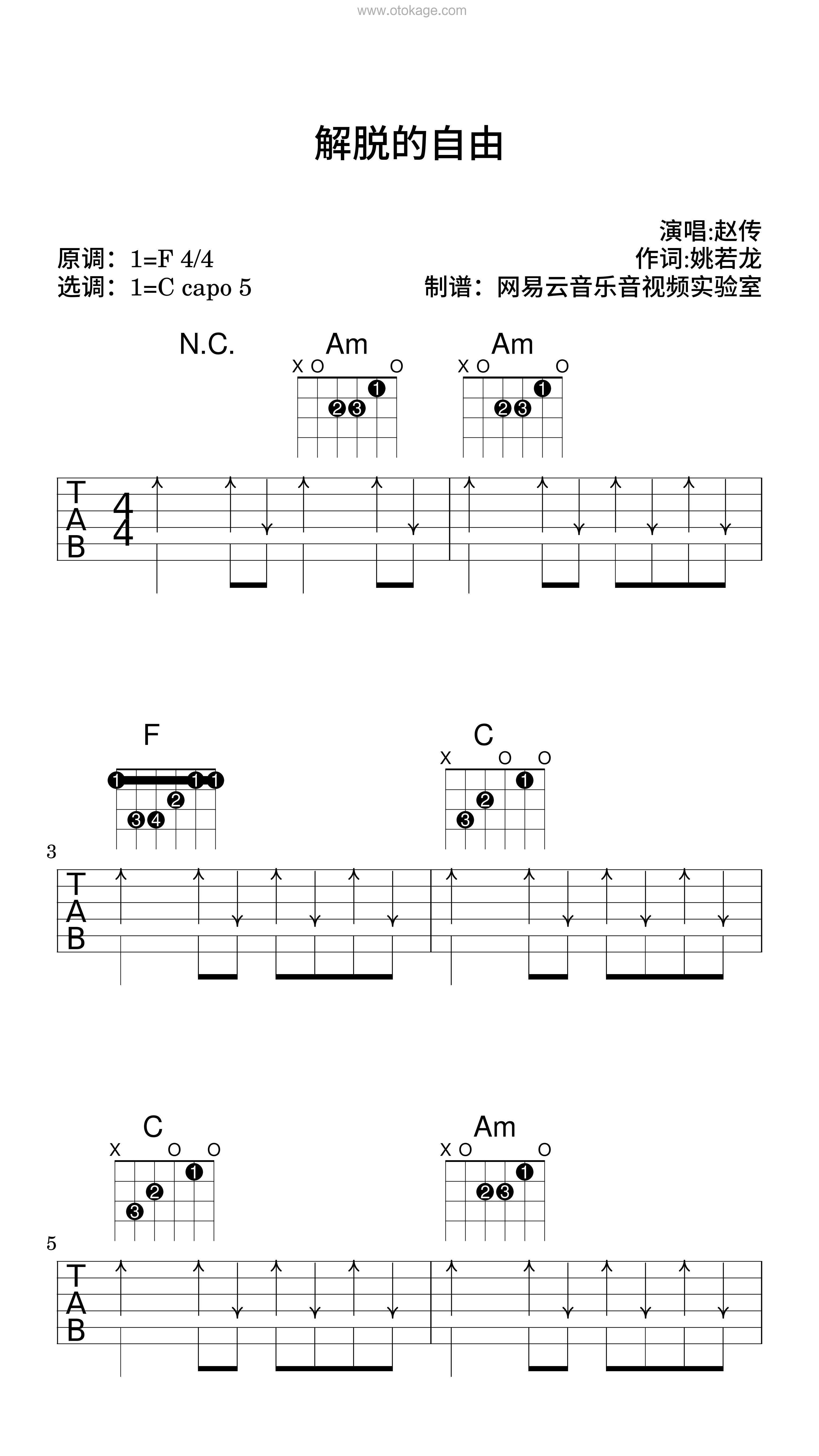 赵传《解脱的自由吉他谱》F调_音符轻柔抚慰心灵