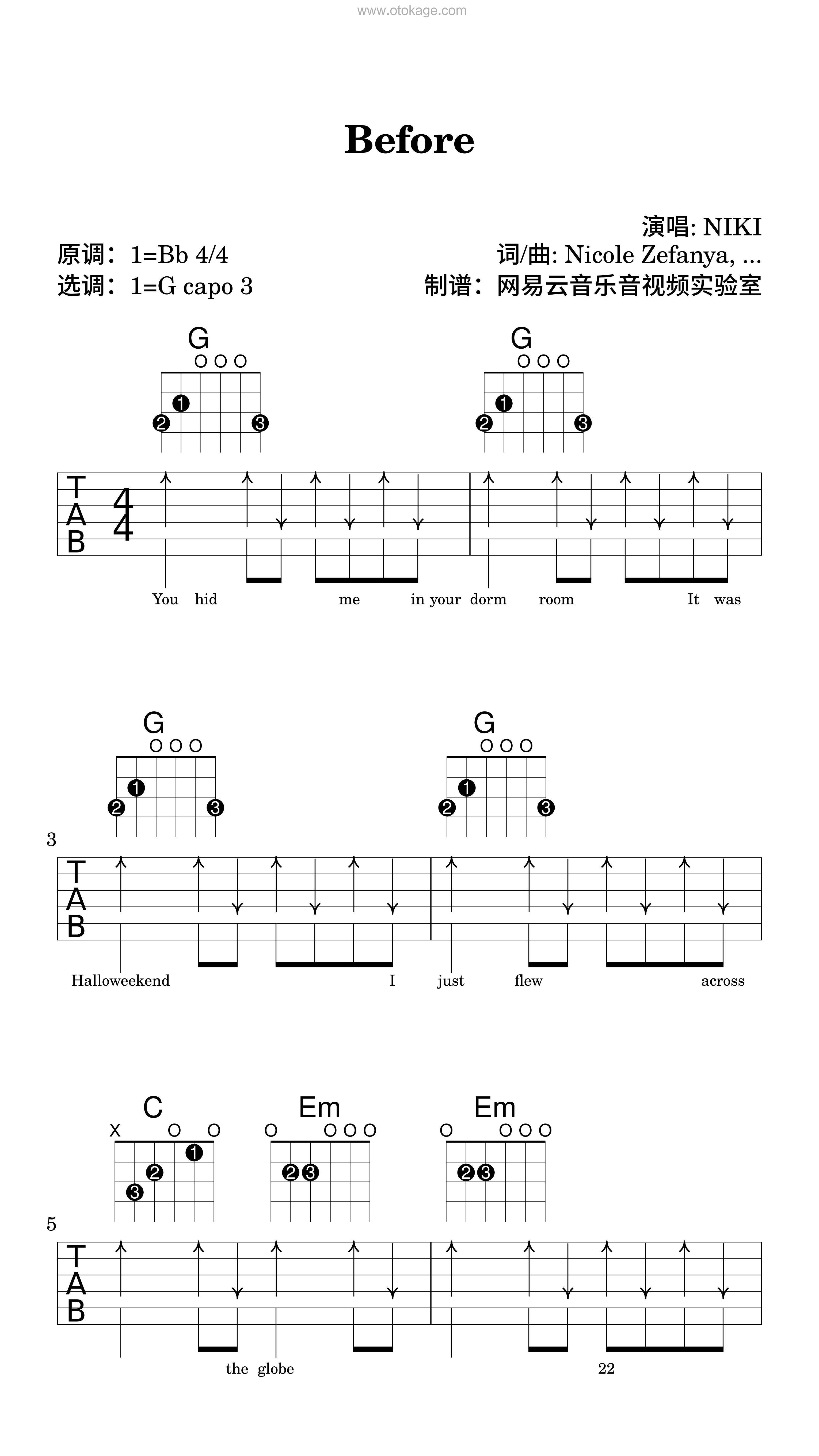NIKI《Before吉他谱》降B调_编排富有层次感