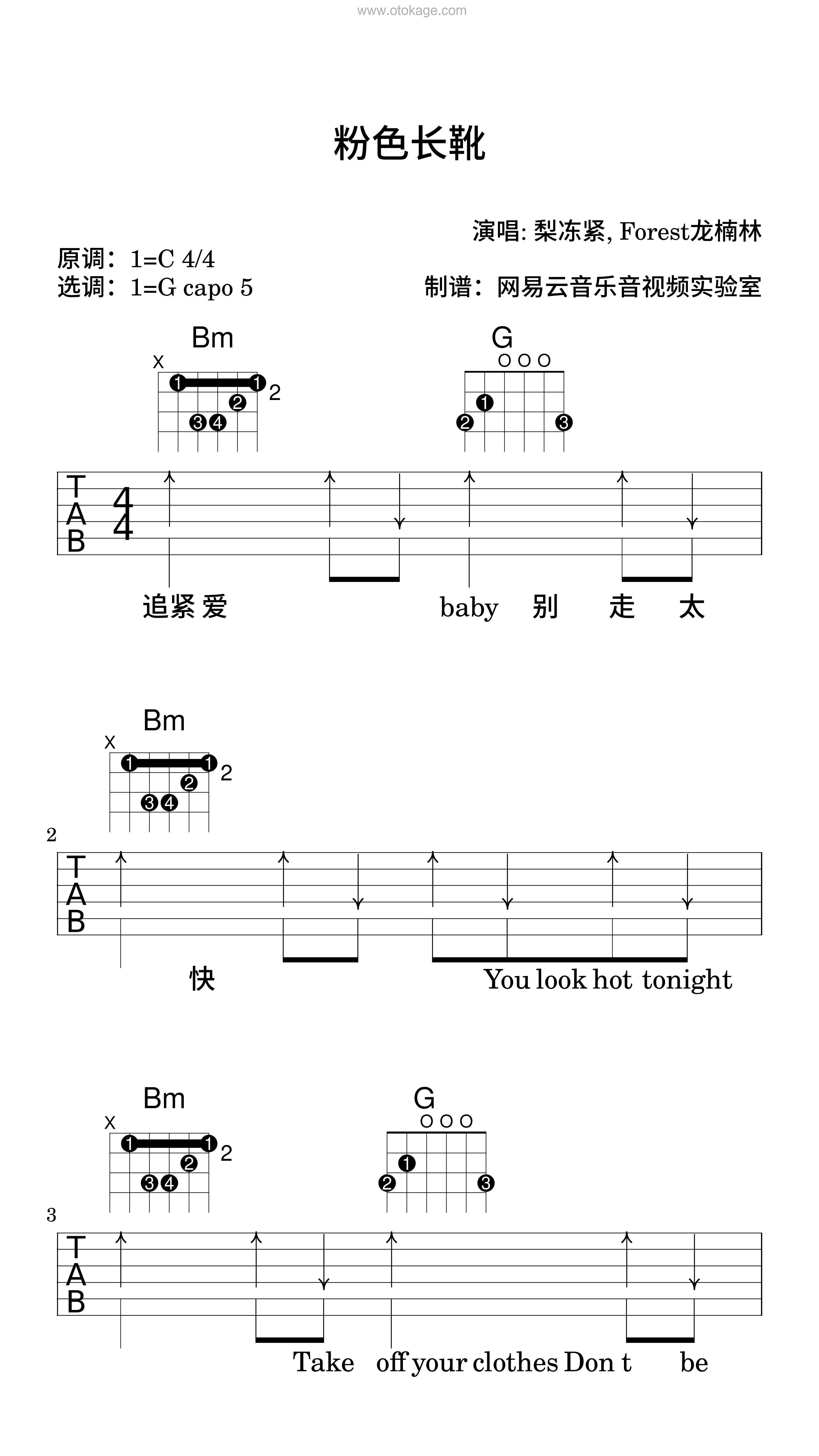 梨冻紧,Forest龙楠林《粉色长靴吉他谱》C调_旋律深刻动人