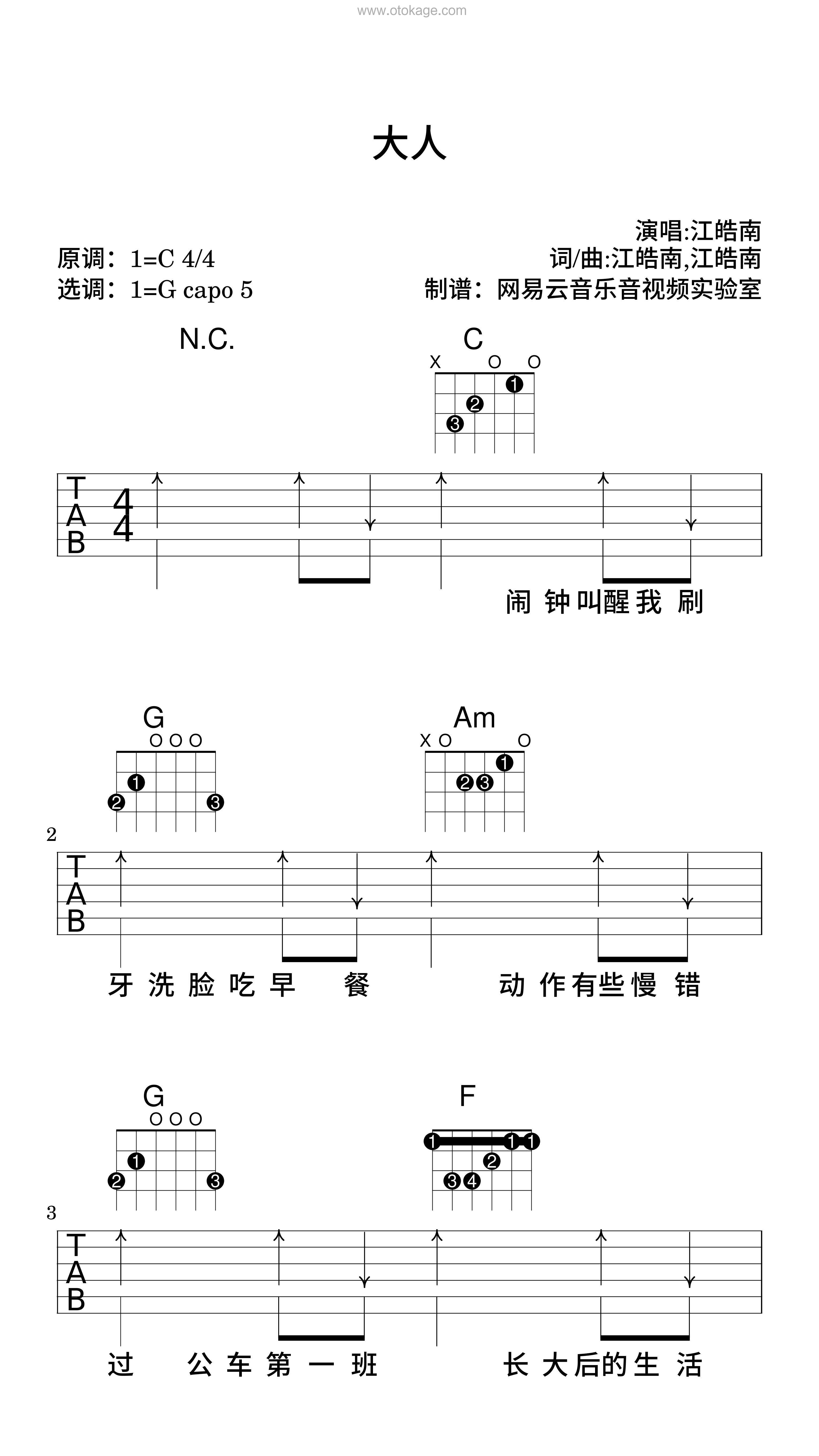 江皓南《大人吉他谱》C调_编配层次分明