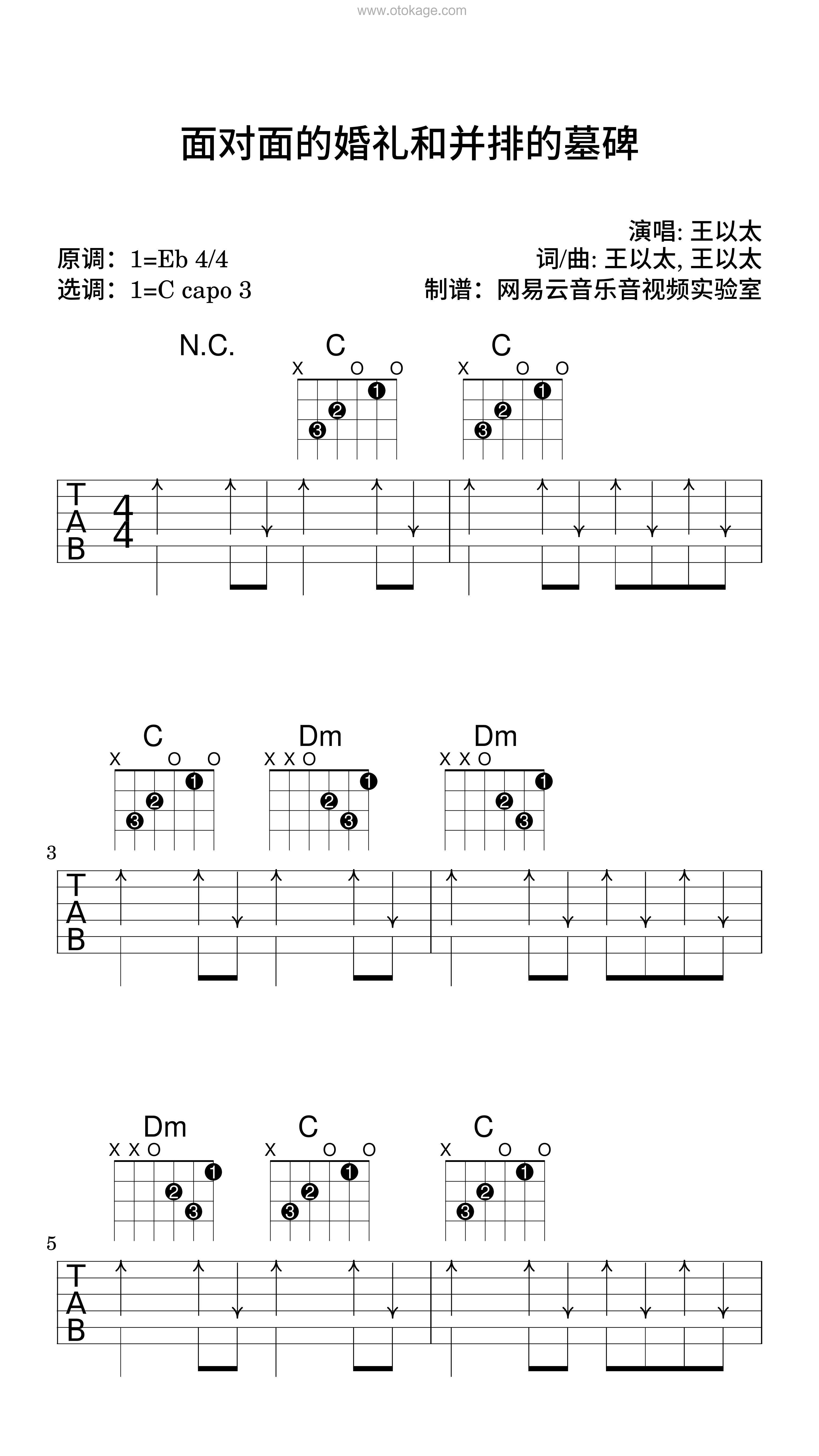 王以太《面对面的婚礼和并排的墓碑吉他谱》降E调_编曲简洁动人