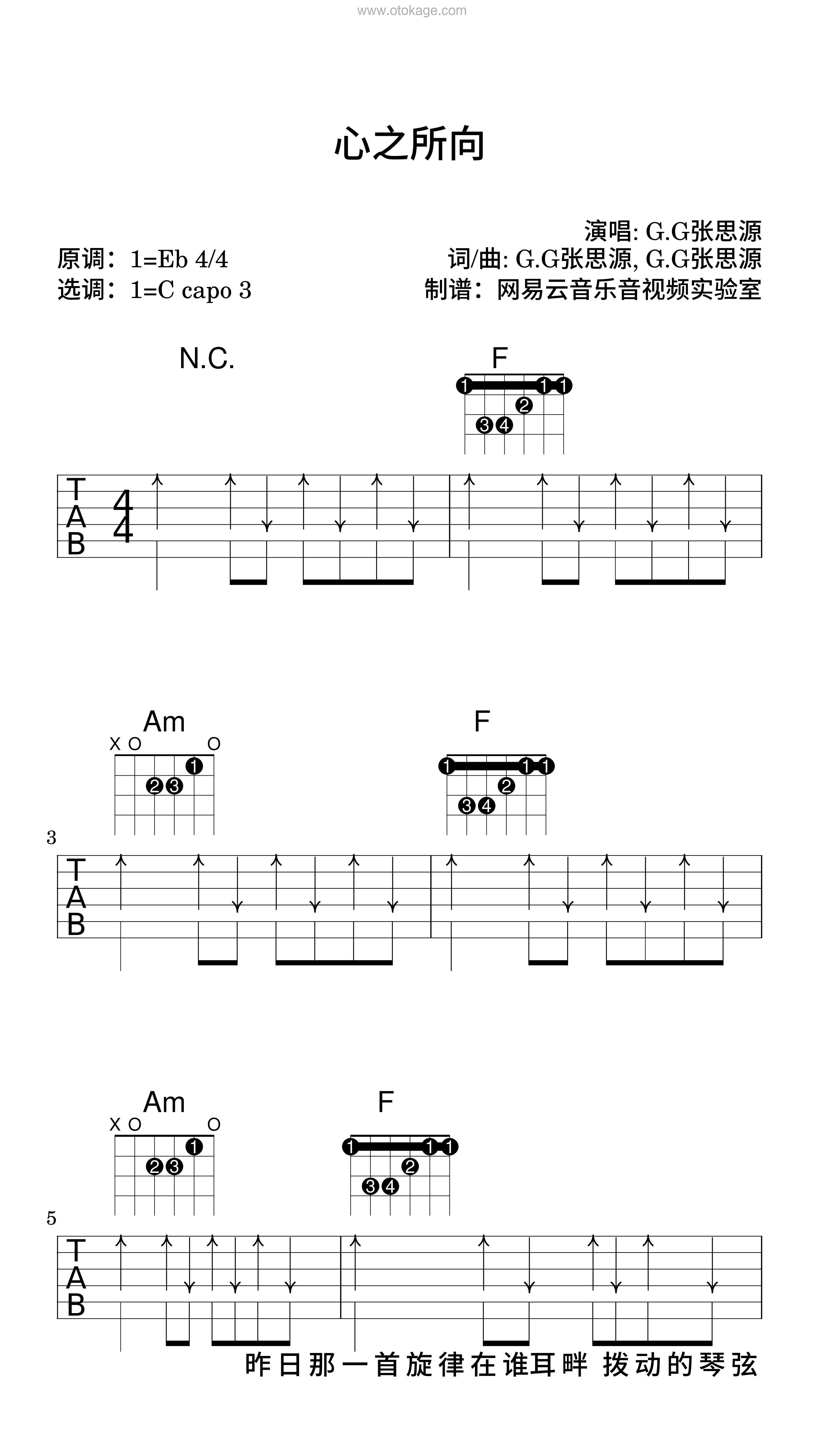 G.G张思源《心之所向吉他谱》降E调_编排美轮美奂